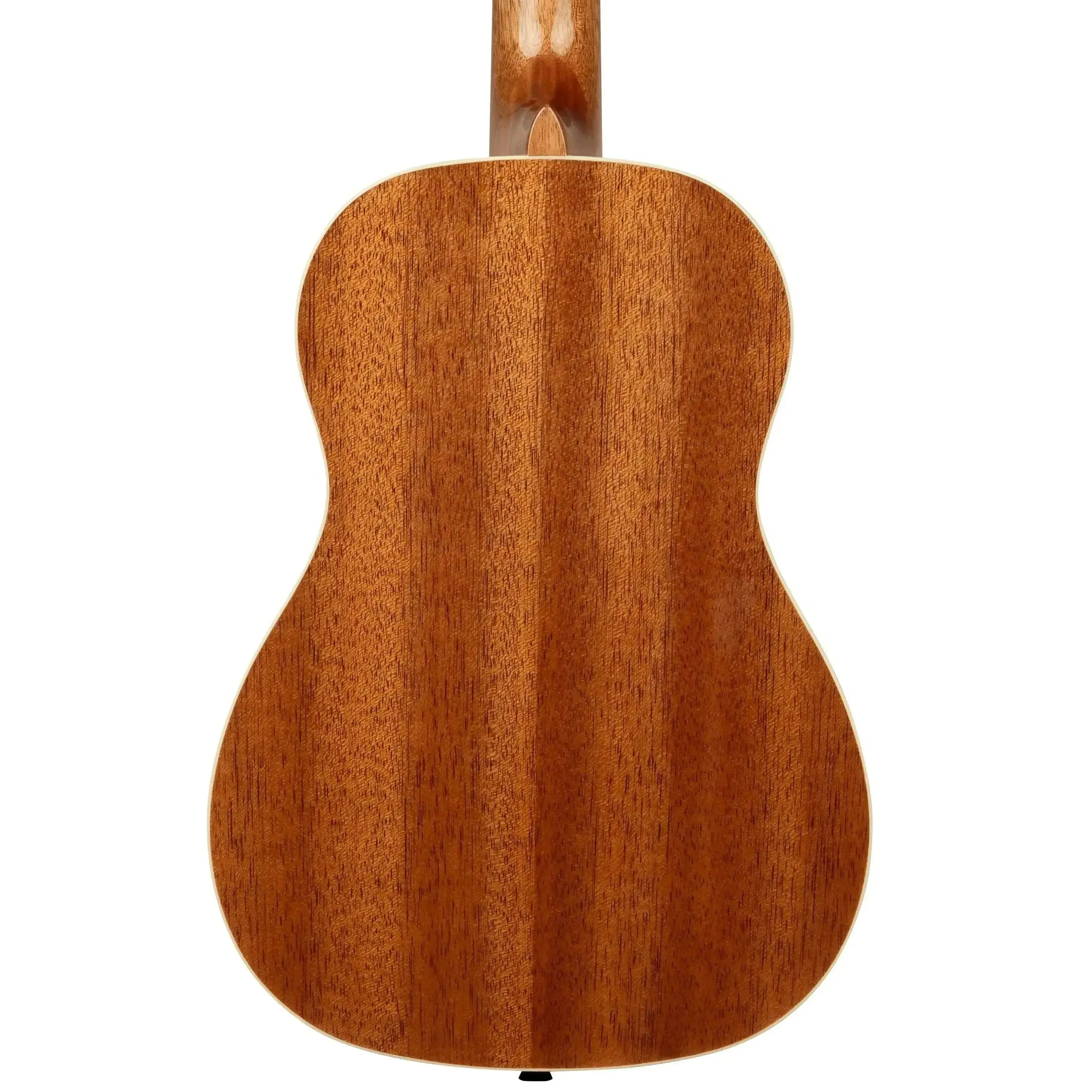 Kala BG8 Gloss Mahogany 8-String Baritone Ukulele, back view, showcasing rich woodgrain and cream binding.