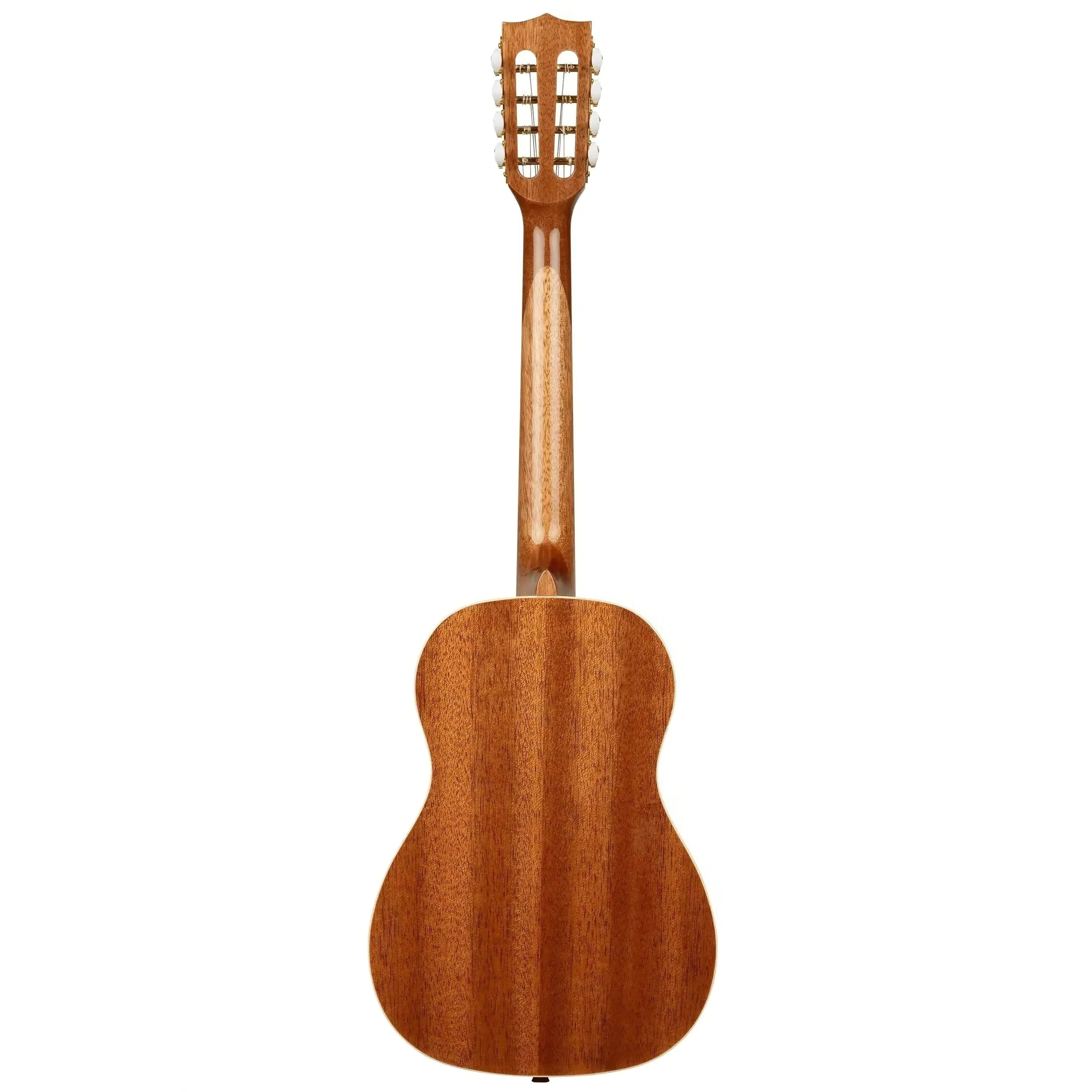 Back of a Kala BG8 Gloss Mahogany 8-String Baritone Ukulele, showing its rich woodgrain and cream binding.