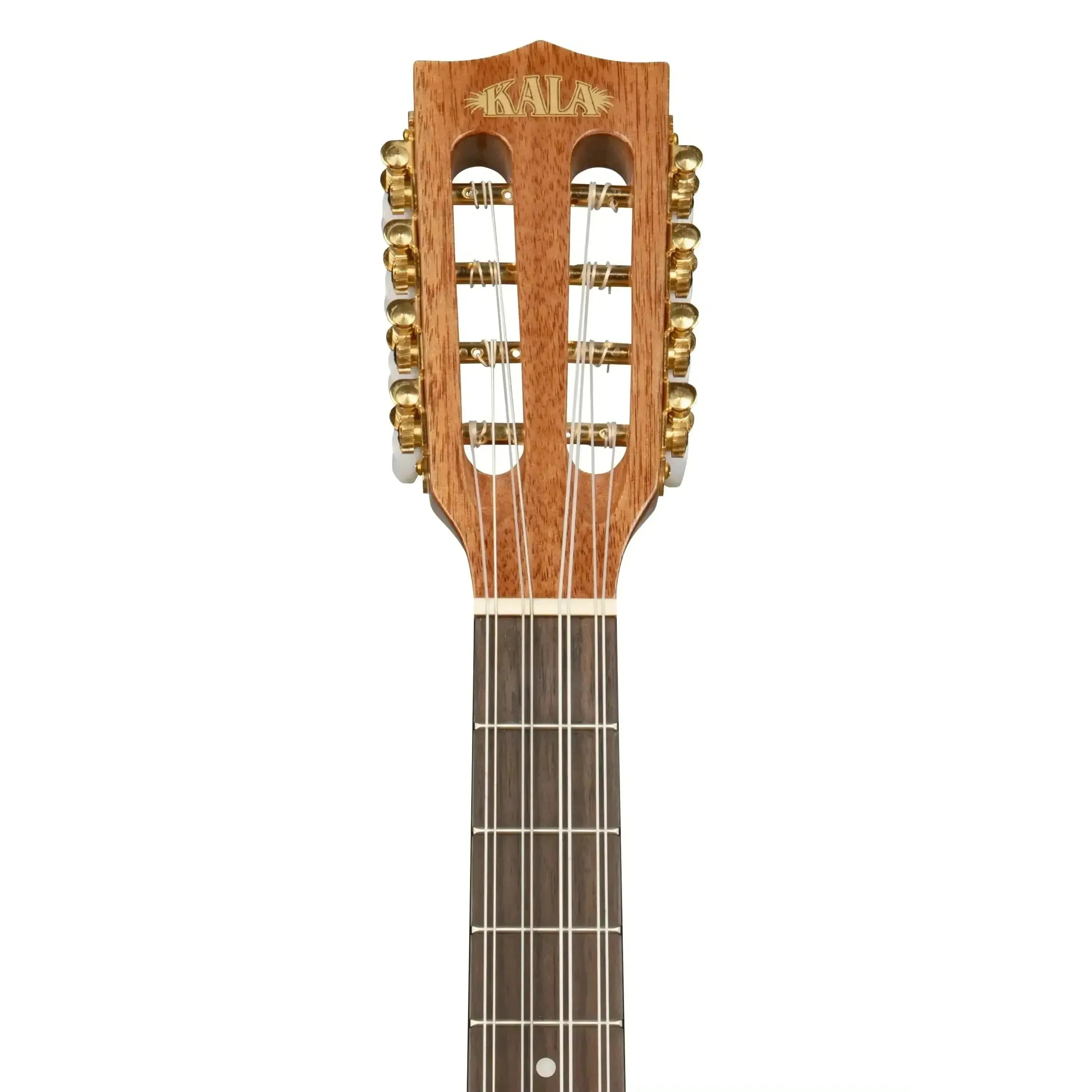 Kala 8-string baritone ukulele headstock and upper neck, showing mahogany wood, gold tuners, and Kala logo.