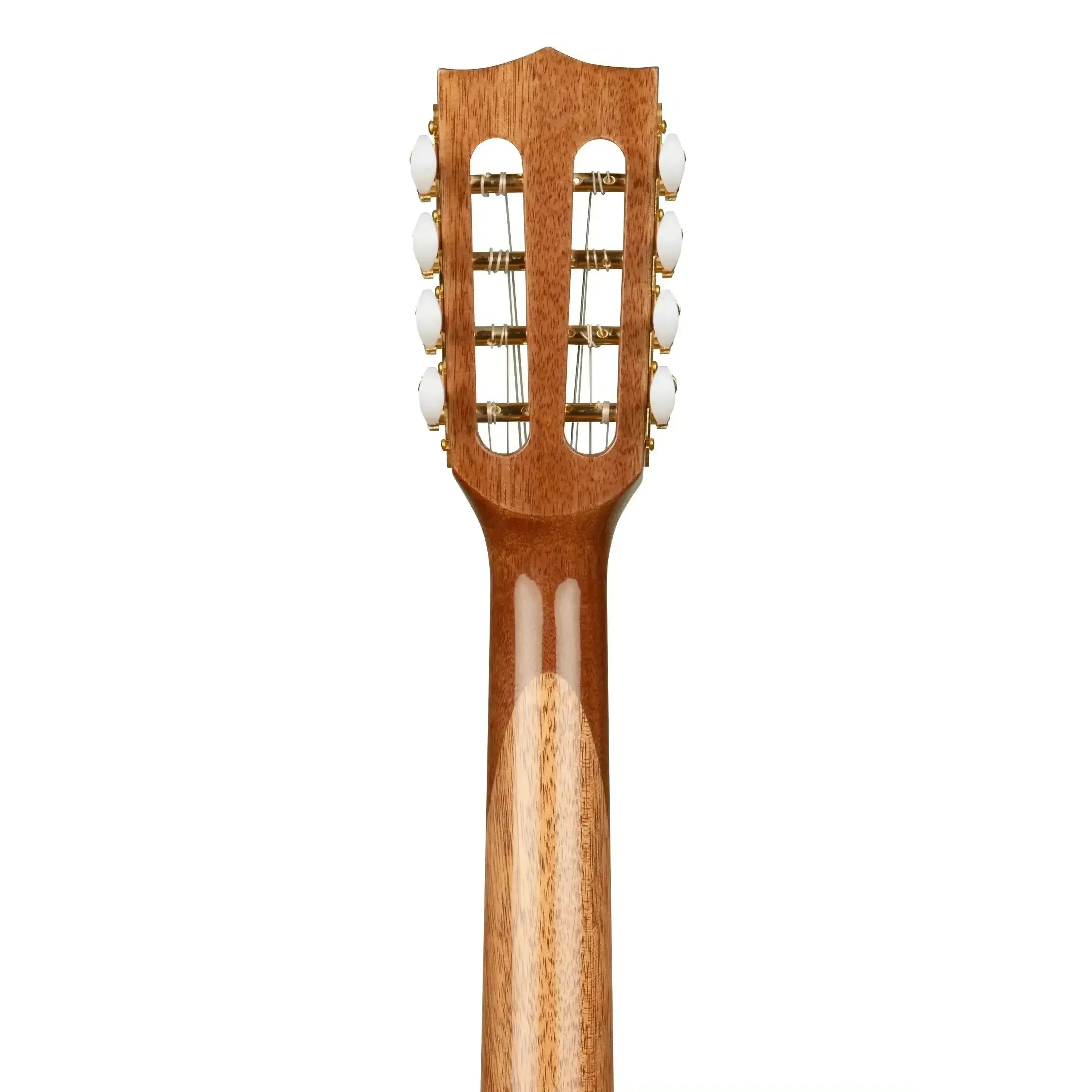 Kala 8-string baritone ukulele headstock and neck, showing mahogany woodgrain and white tuning pegs.