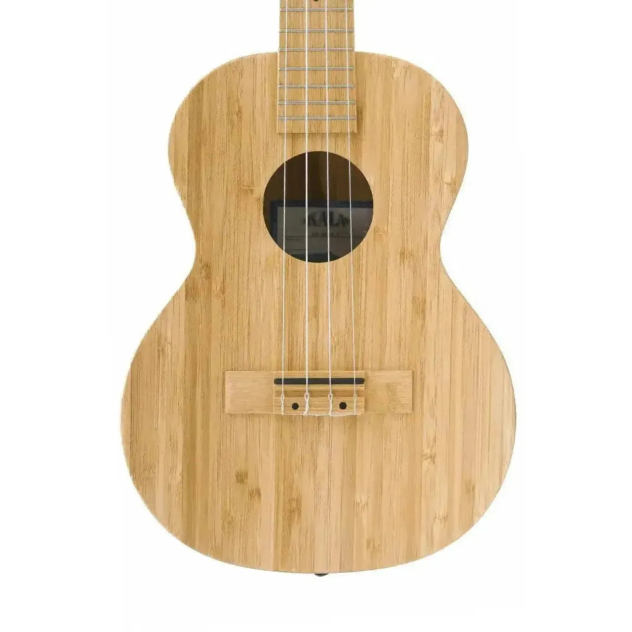 Kala BMB-T Solid Bamboo Tenor Ukulele, light wood grain, round soundhole, white strings.