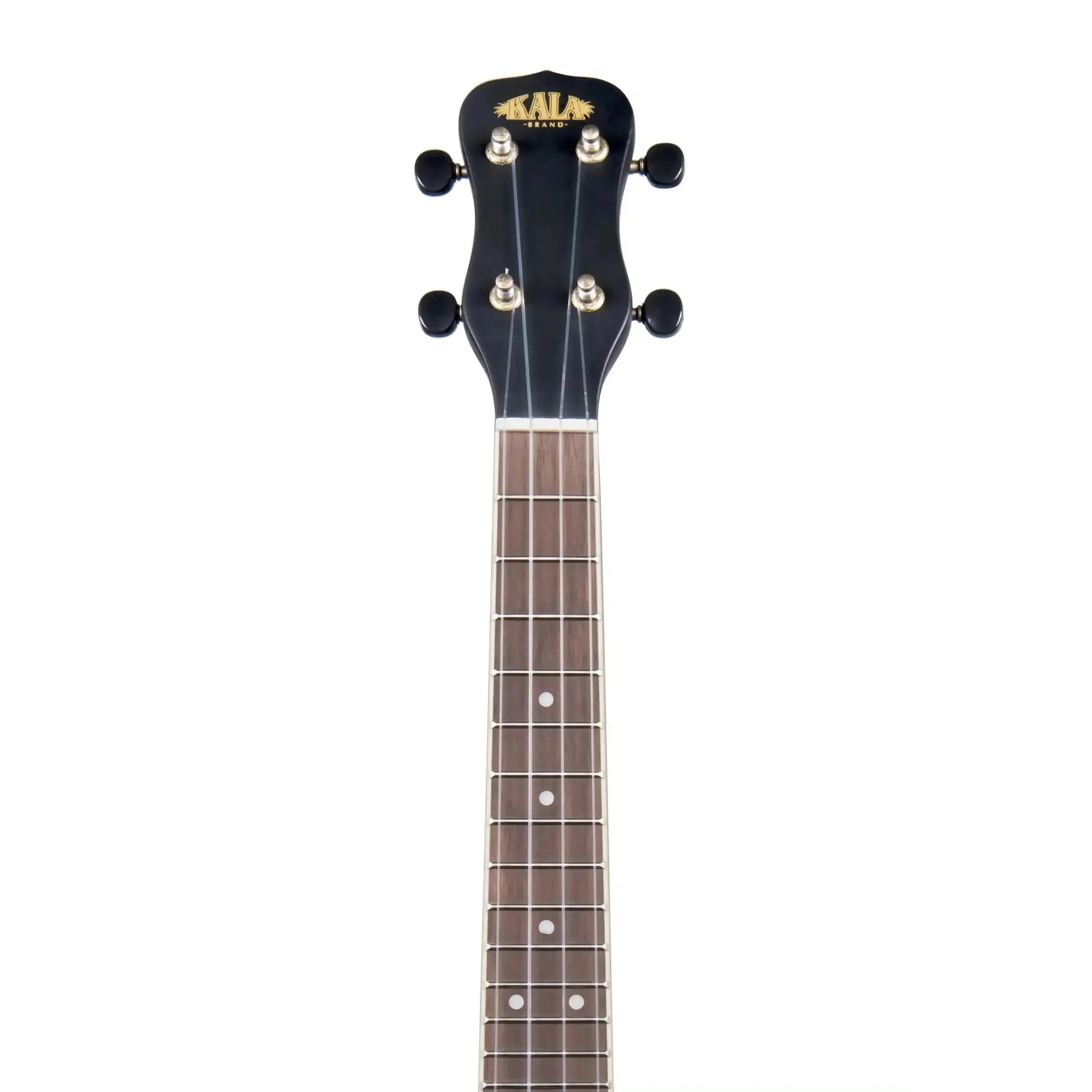 Kala BNJ-C Concert Banjolele headstock with black satin finish, gold logo, and dark walnut fretboard.