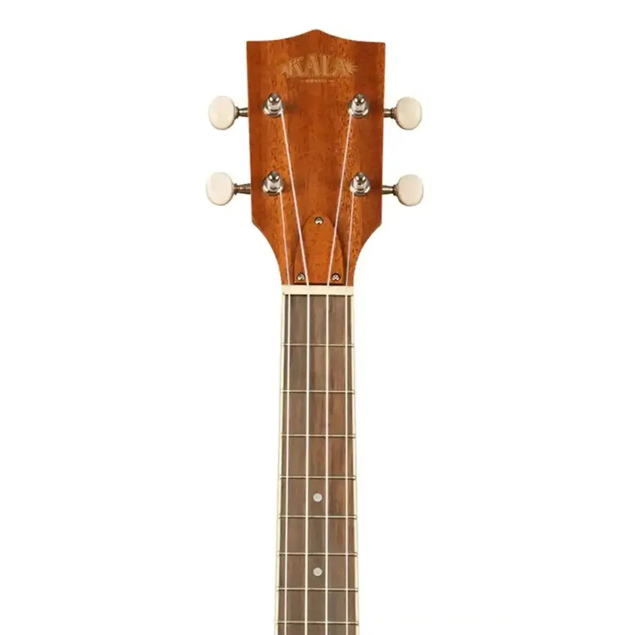 Kala Natural Mahogany Tenor Banjolele headstock with white tuning pegs and rosewood fretboard.