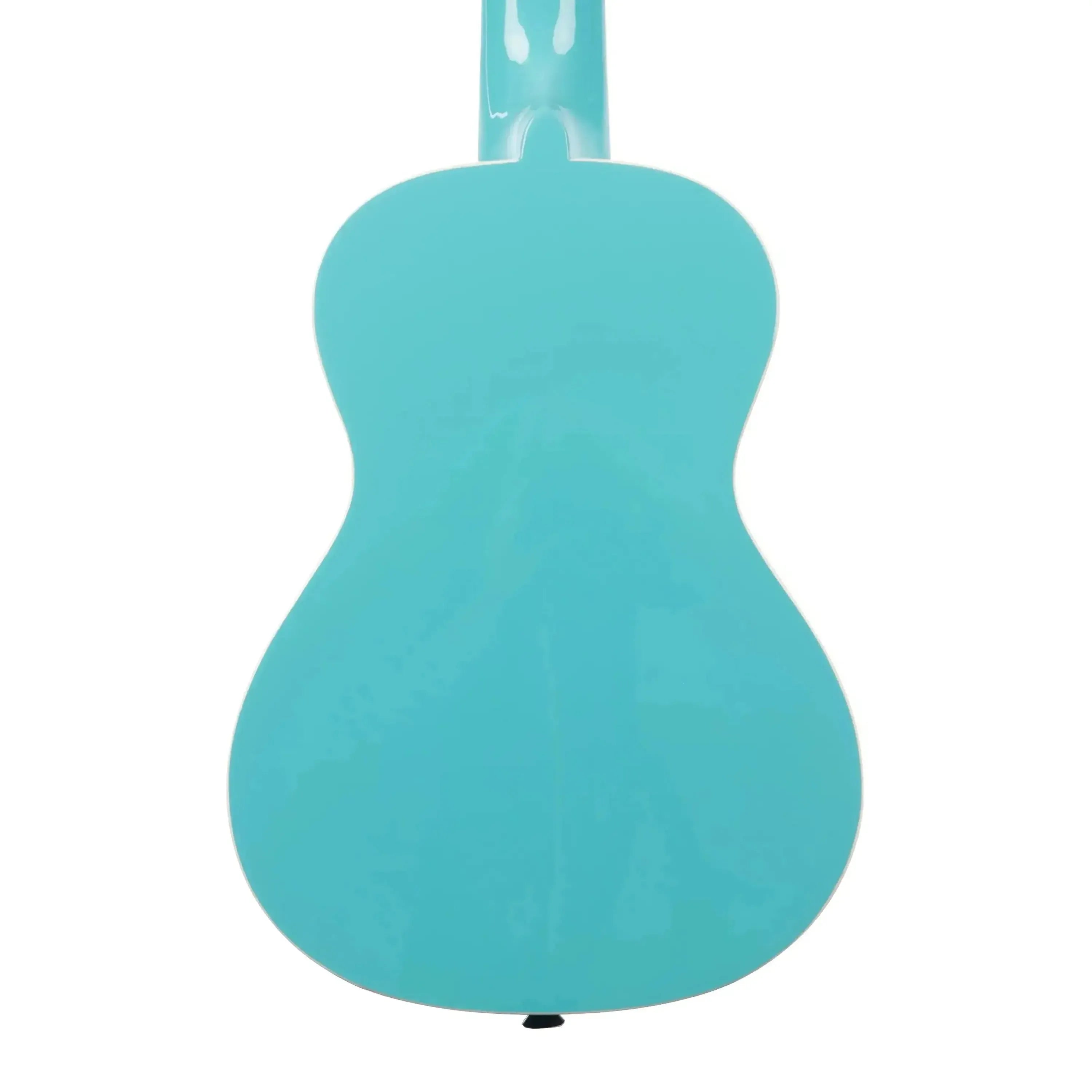 Back of a glossy Kala CANDY-BLU Concert Ukulele in cotton candy blue.