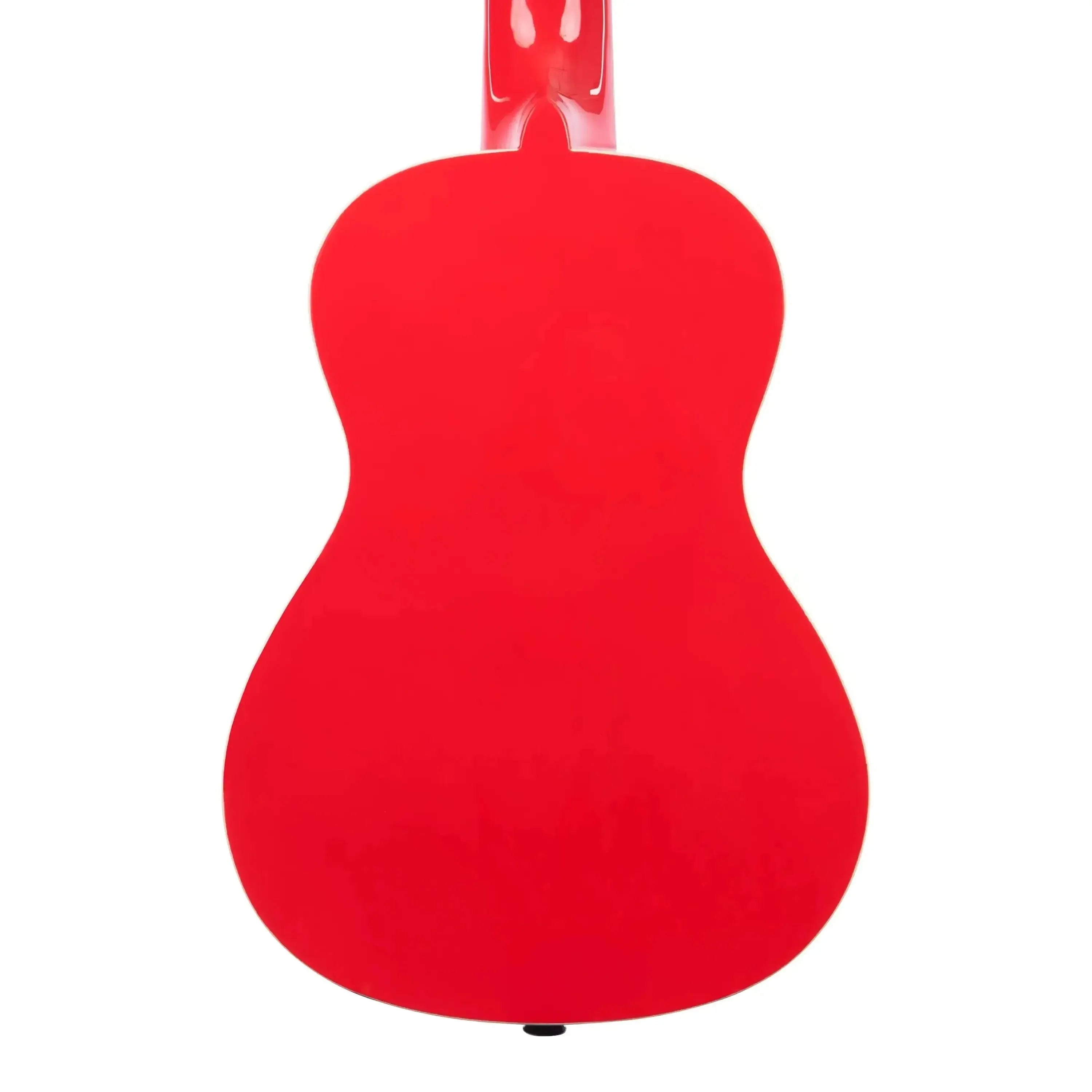Back of a glossy Candy Apple Red Kala Concert Ukulele with a black strap button.