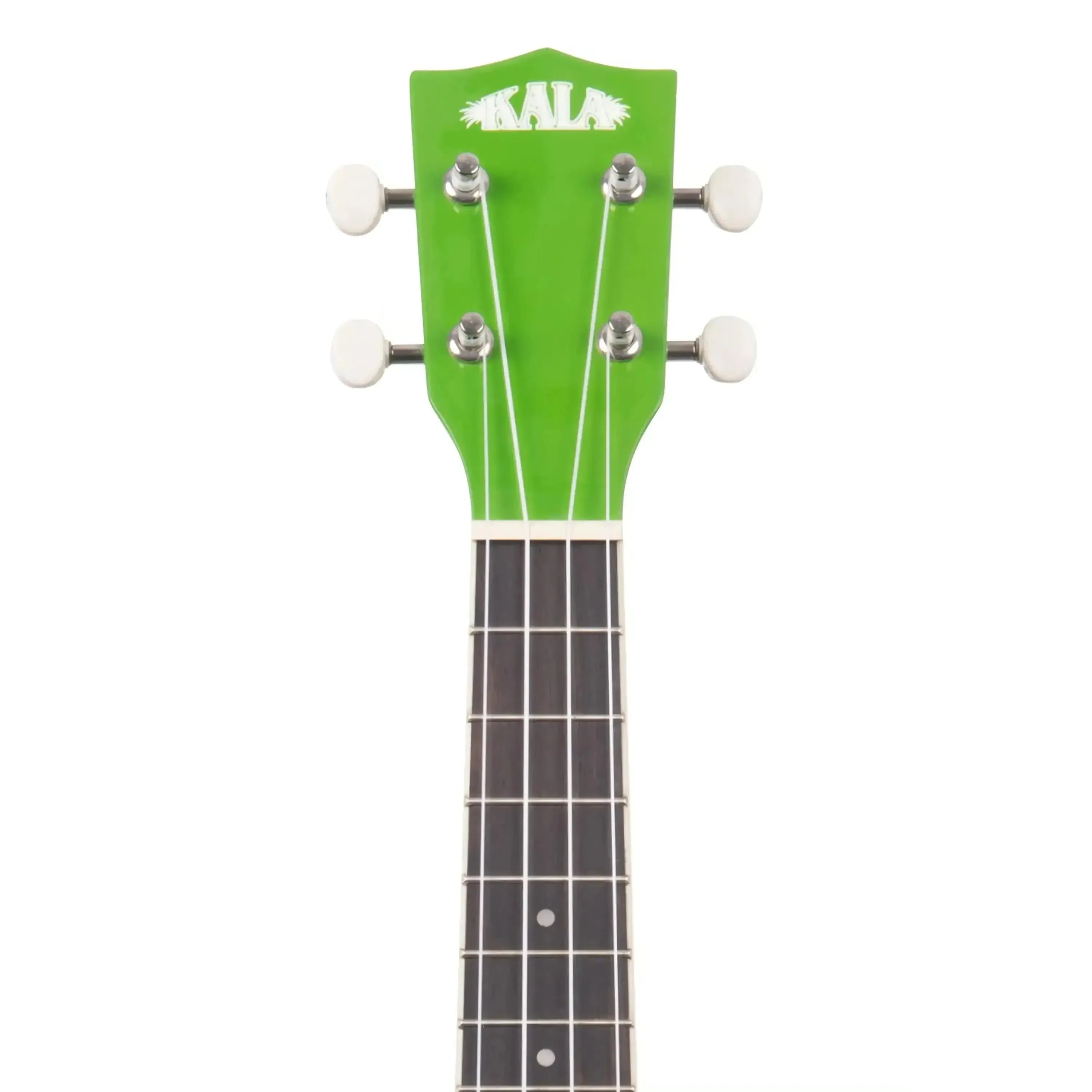 Kala CANDY-KEY Key Lime Concert Ukulele headstock with green finish, white tuners, and rosewood fingerboard.