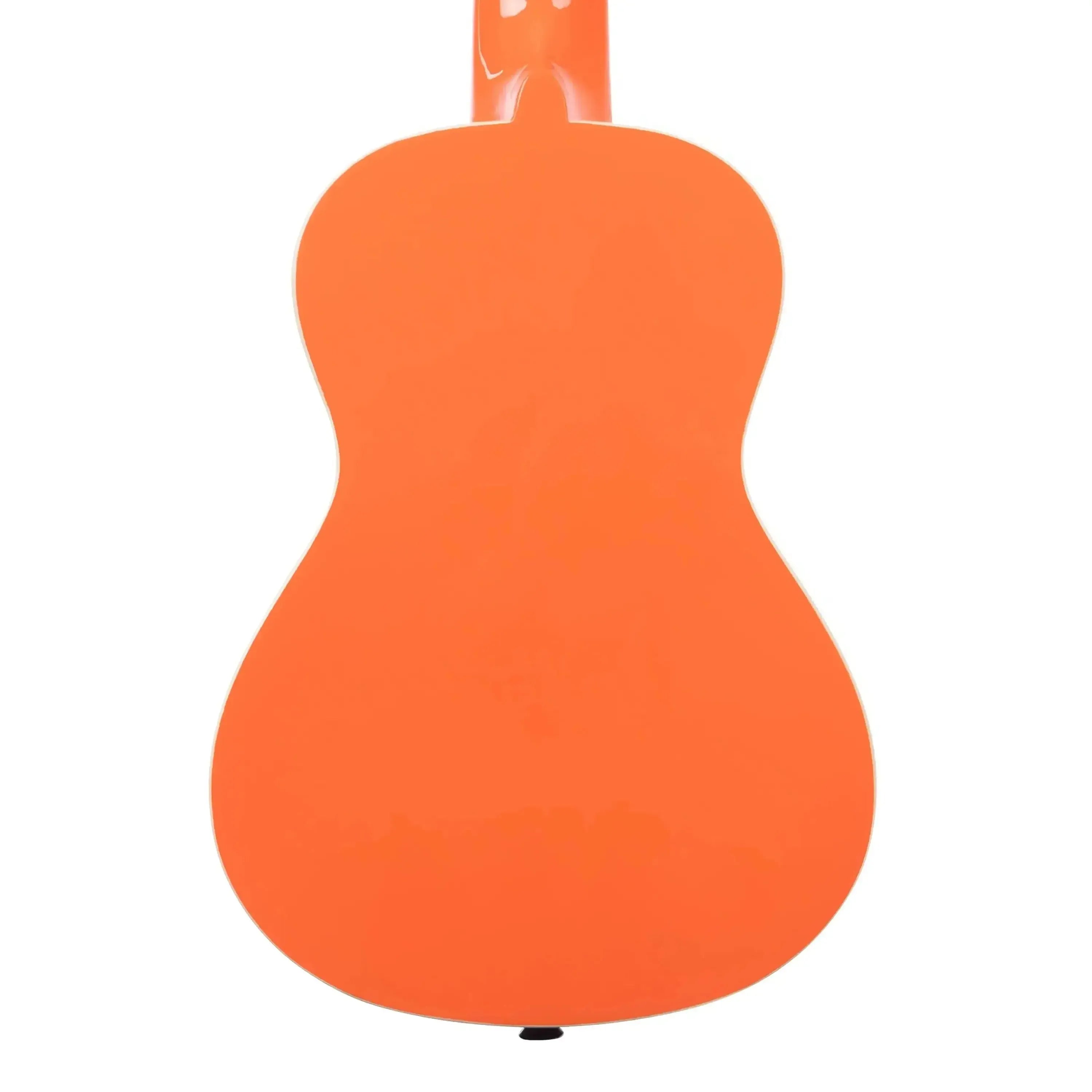 Back of a glossy orange Kala CANDY-ORG basswood concert ukulele with a black strap button.