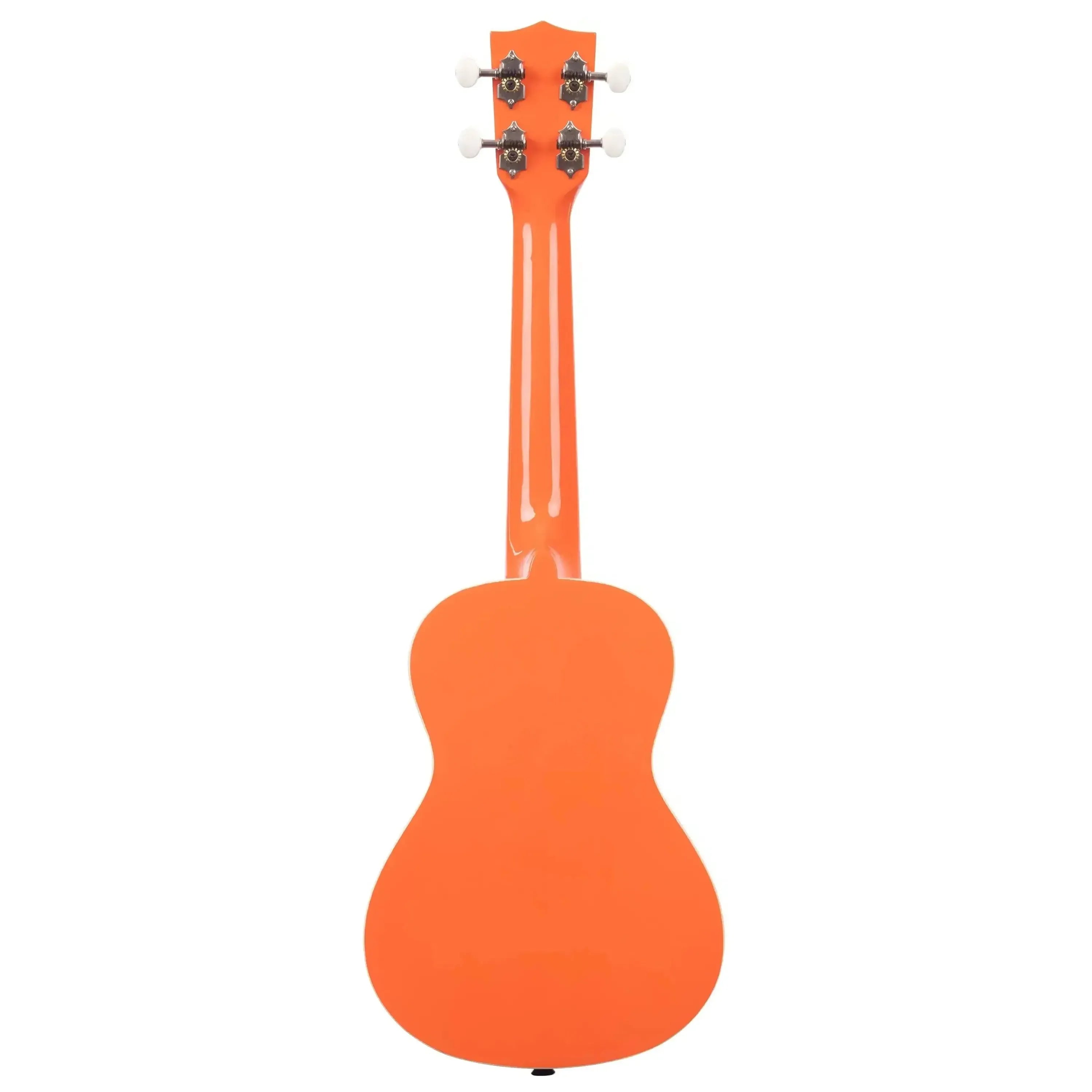 Back of a vibrant orange Kala CANDY-ORG Concert Ukulele with white tuning pegs and a black strap button.