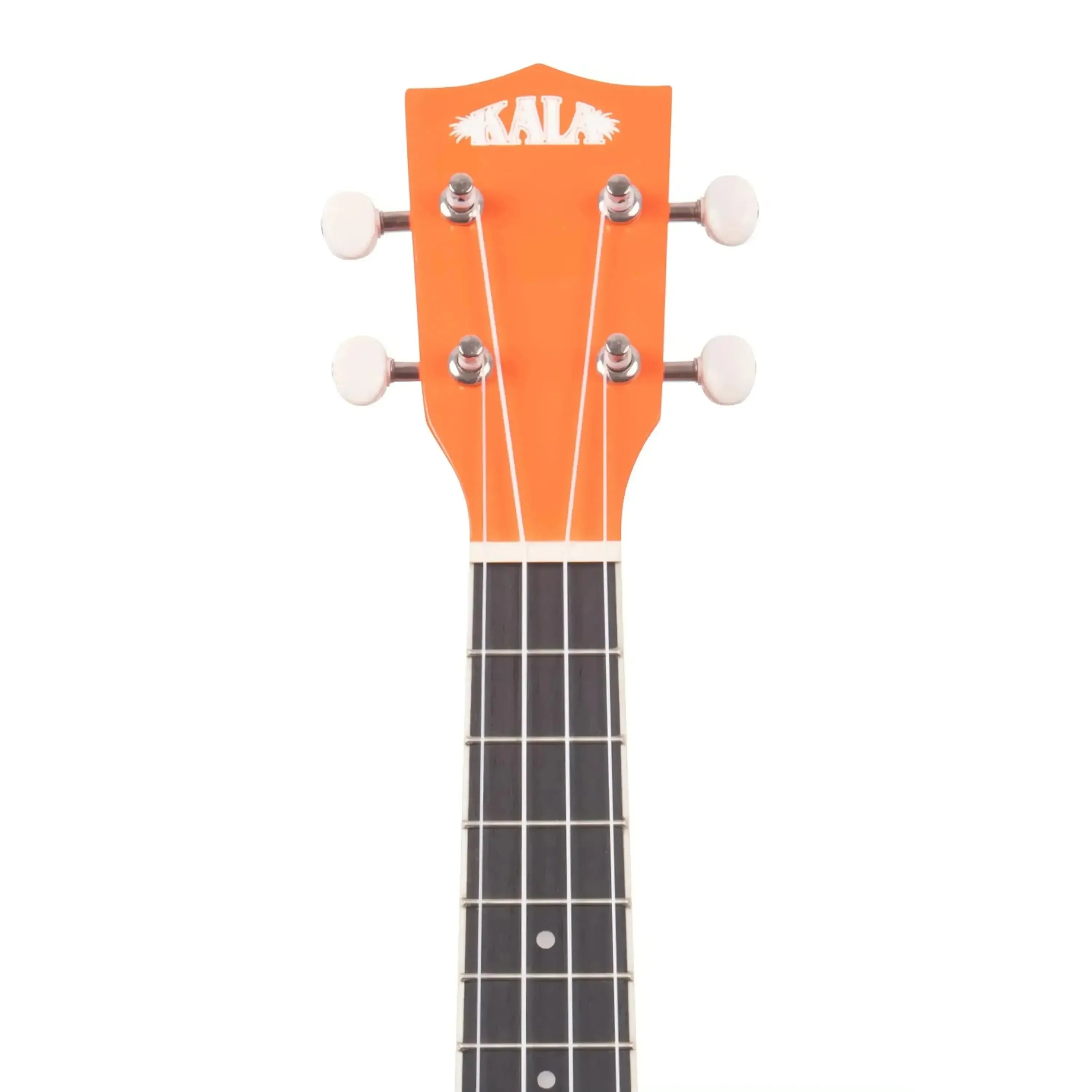 Kala CANDY-ORG Concert Ukulele headstock in vibrant orange with white tuning pegs.