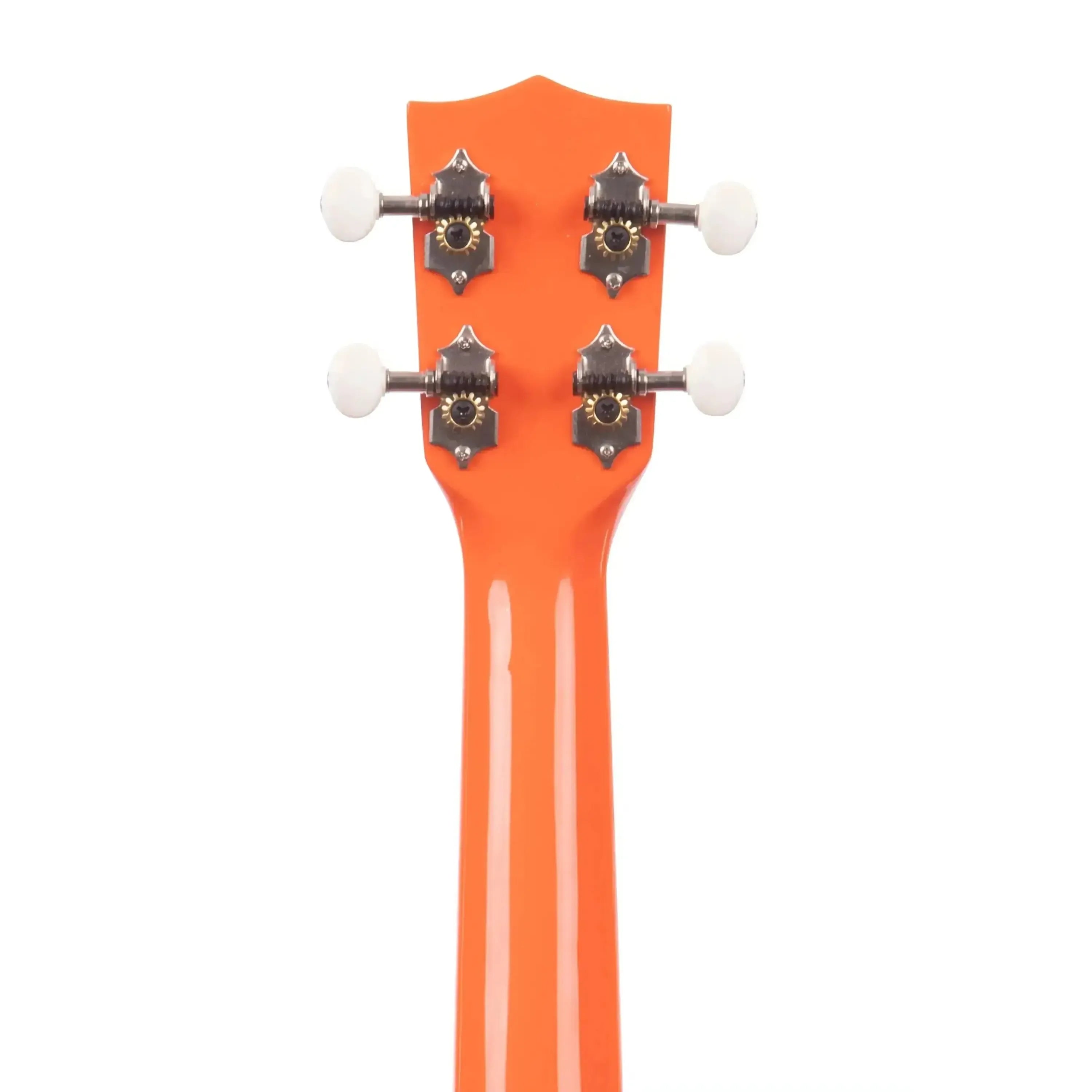 Back of a Kala CANDY-ORG So Orange Concert Ukulele headstock and neck with white tuning pegs.