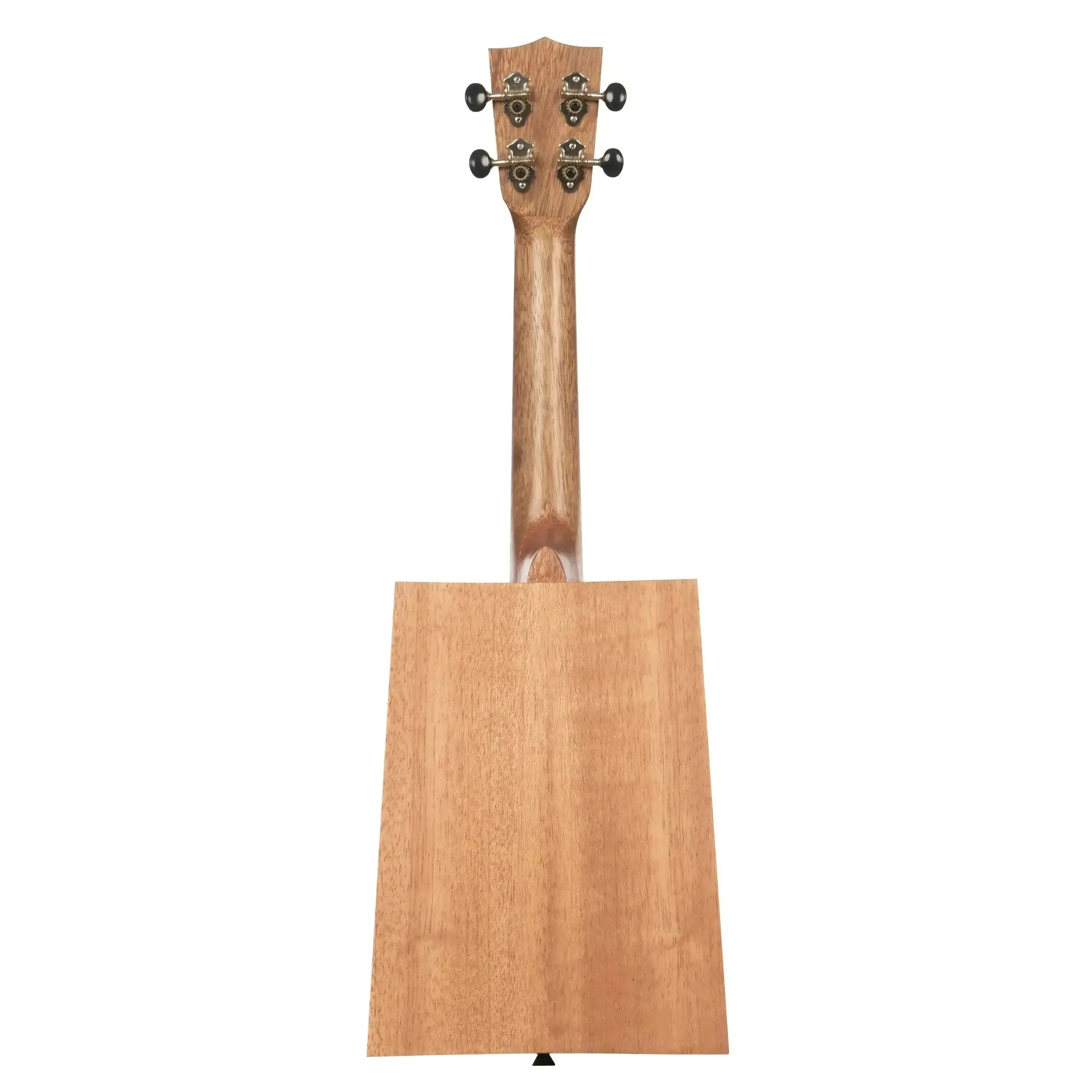 Kala Victorian Cigarbox Concert Ukulele, back view, natural wood finish with mahogany neck and black tuners.