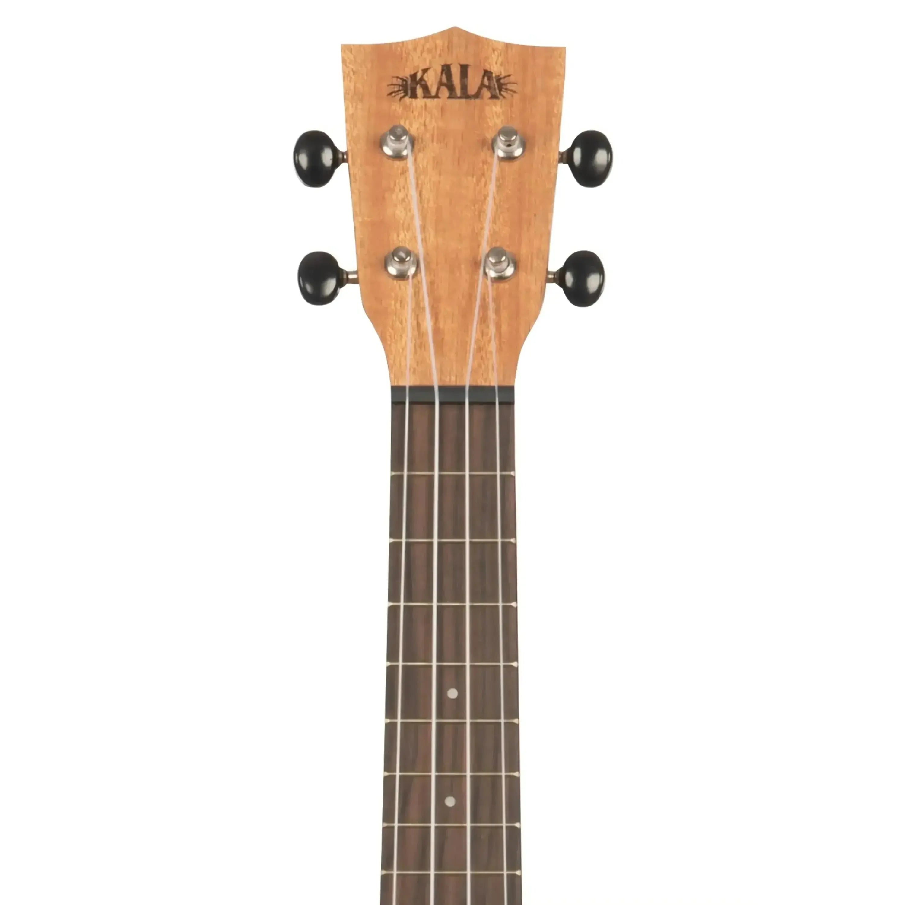 Kala ukulele headstock with black tuners and dark walnut fretboard.
