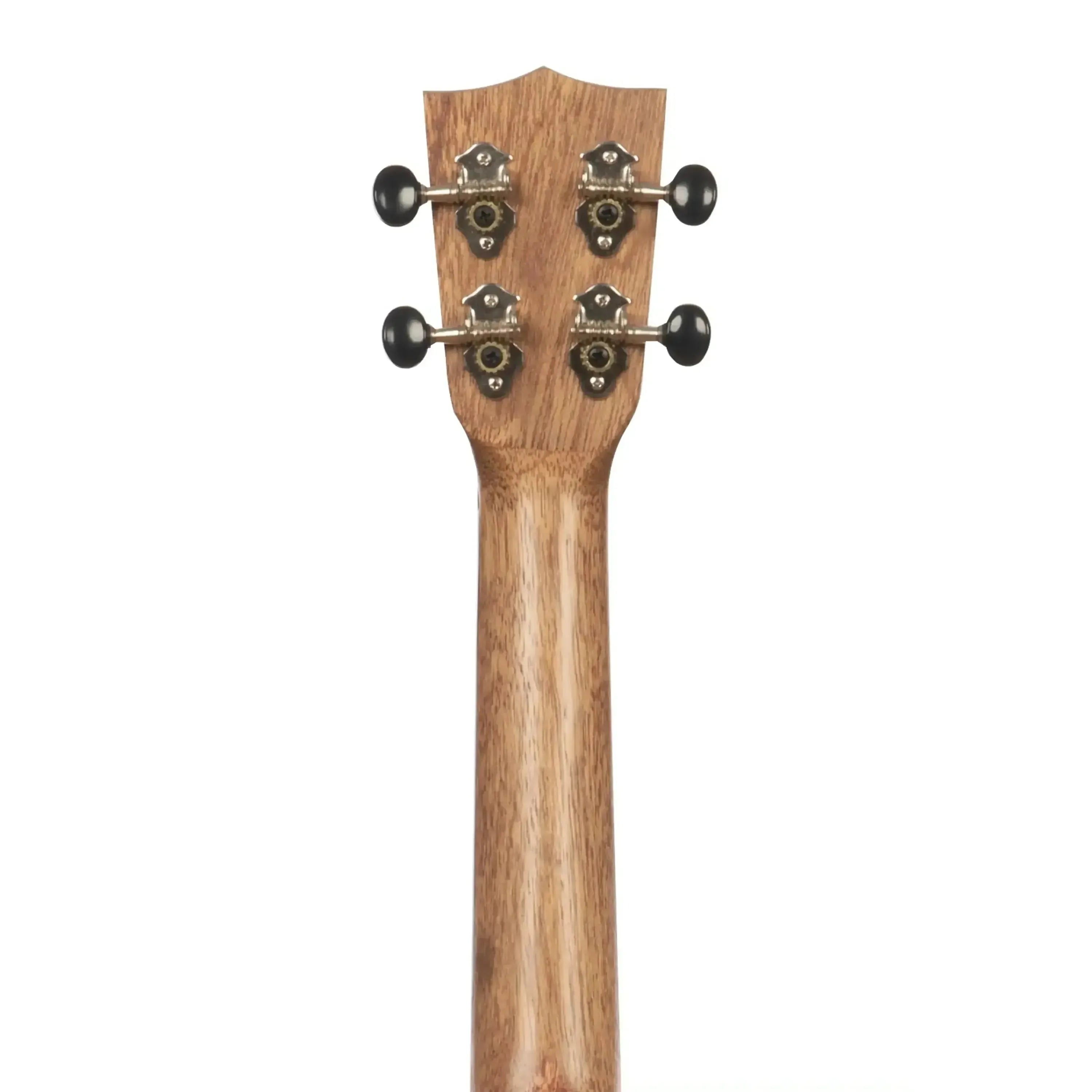 Kala Victorian Cigarbox Concert Ukulele's mahogany neck and headstock with black tuning pegs.