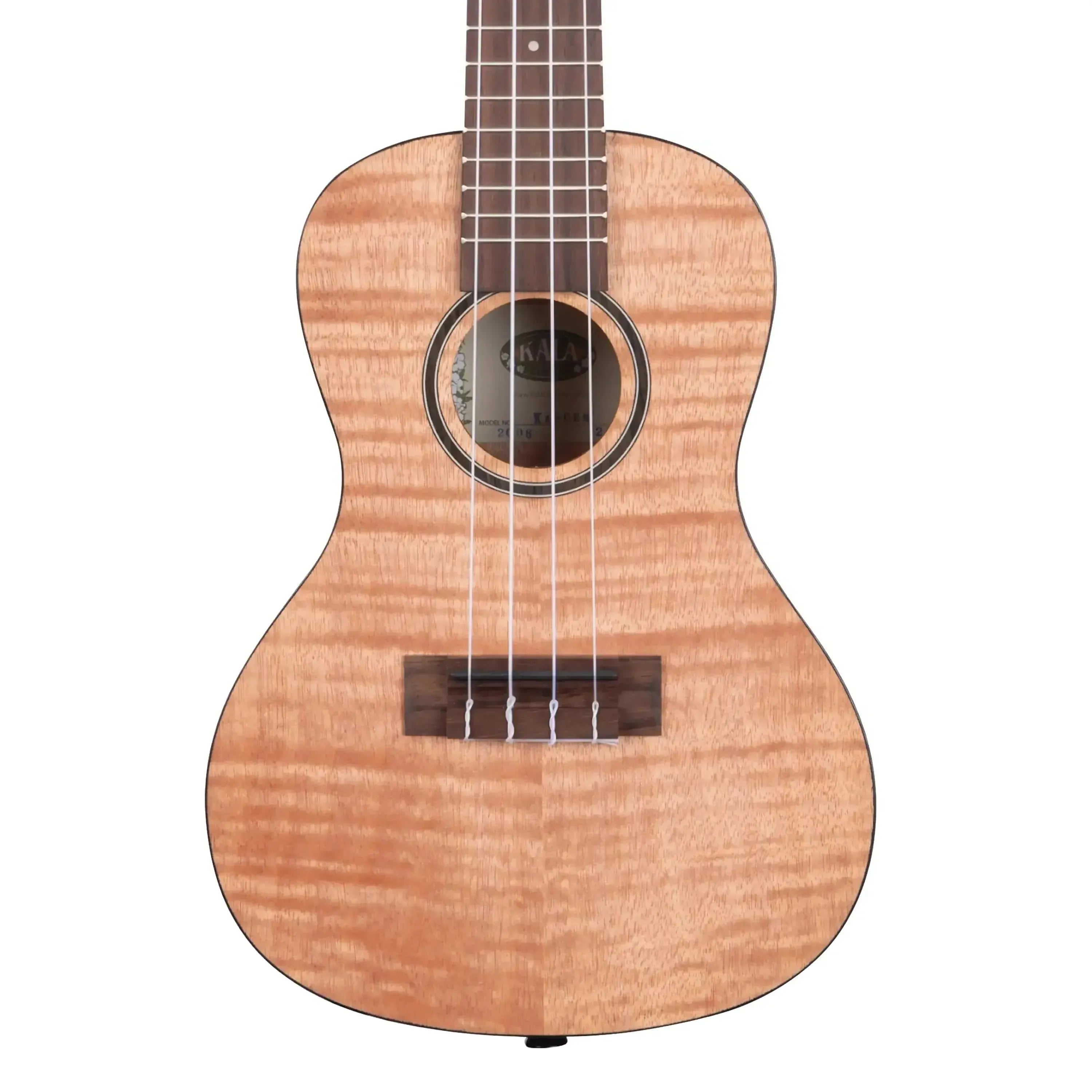 Kala CEM Exotic Mahogany Concert Ukulele with natural wood grain, black binding, and rosewood fretboard.