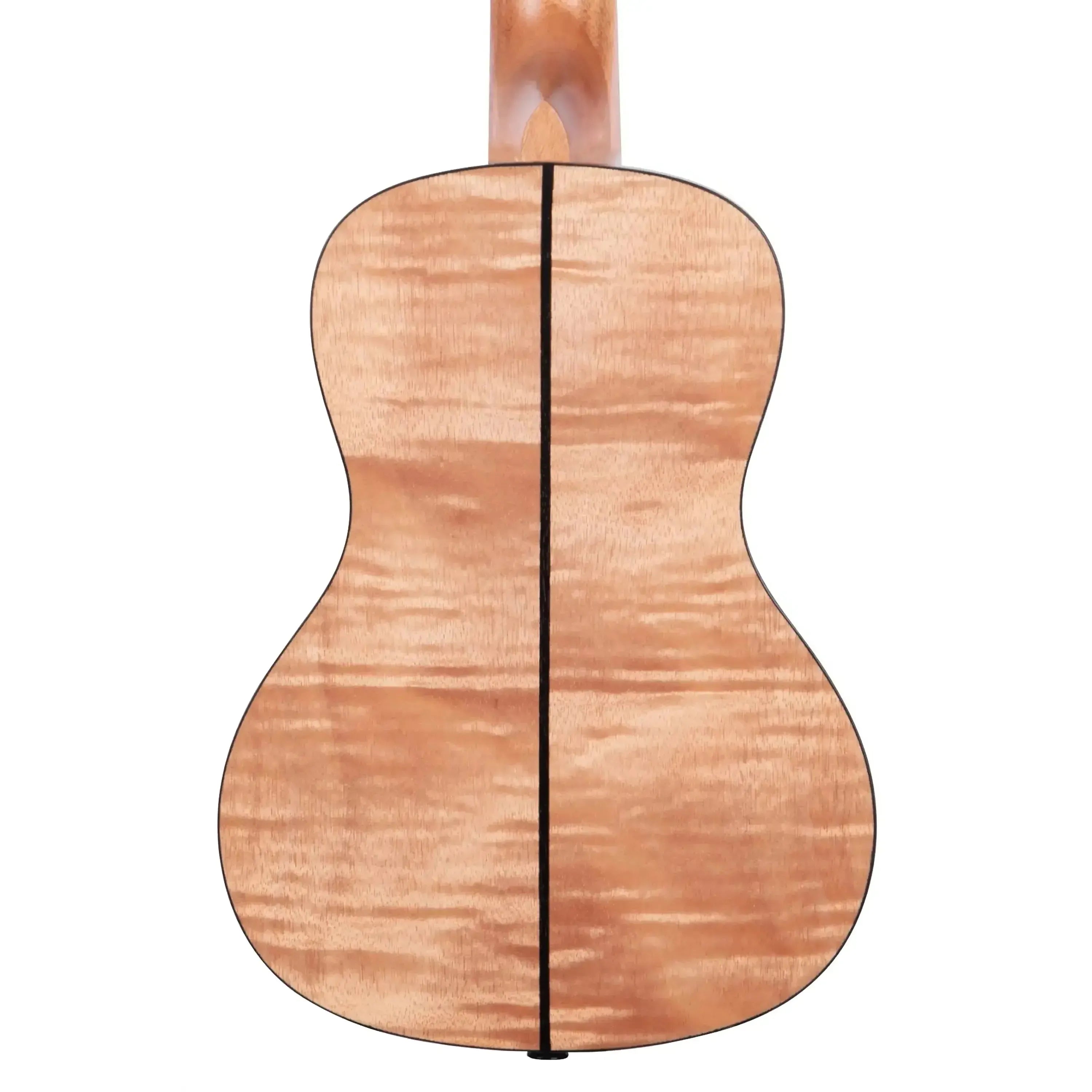 Back of Kala Exotic Mahogany Concert Ukulele with striking wood grain and black binding.