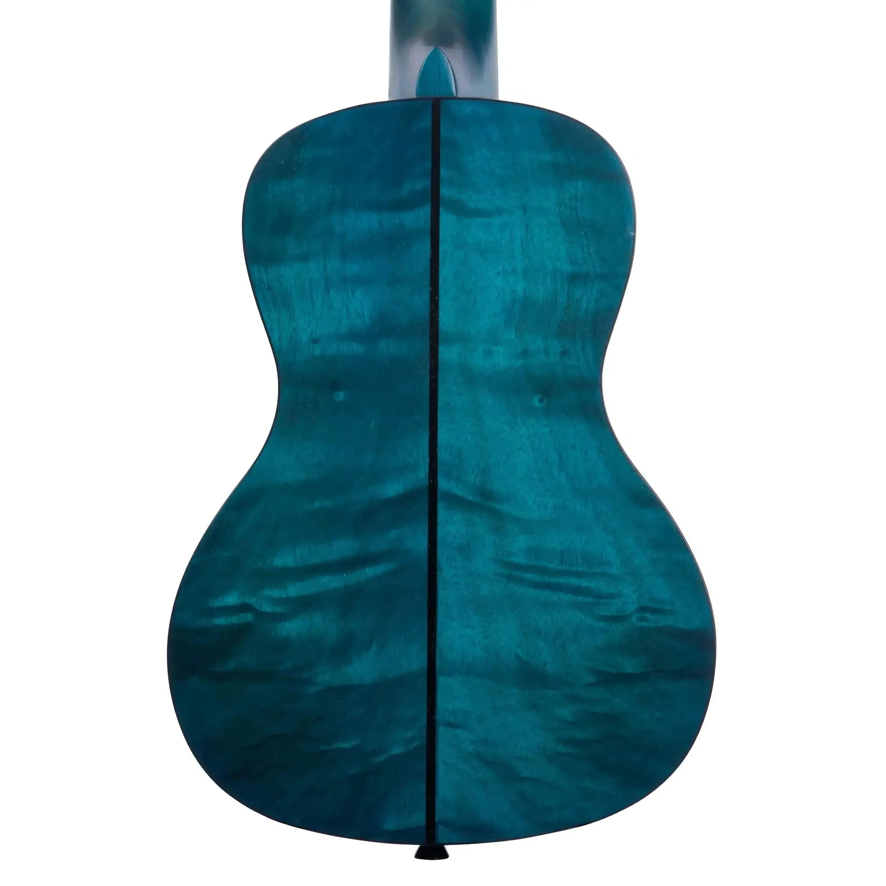 Kala CEMB Blue Concert Ukulele, back view, exotic mahogany laminate with satin finish.