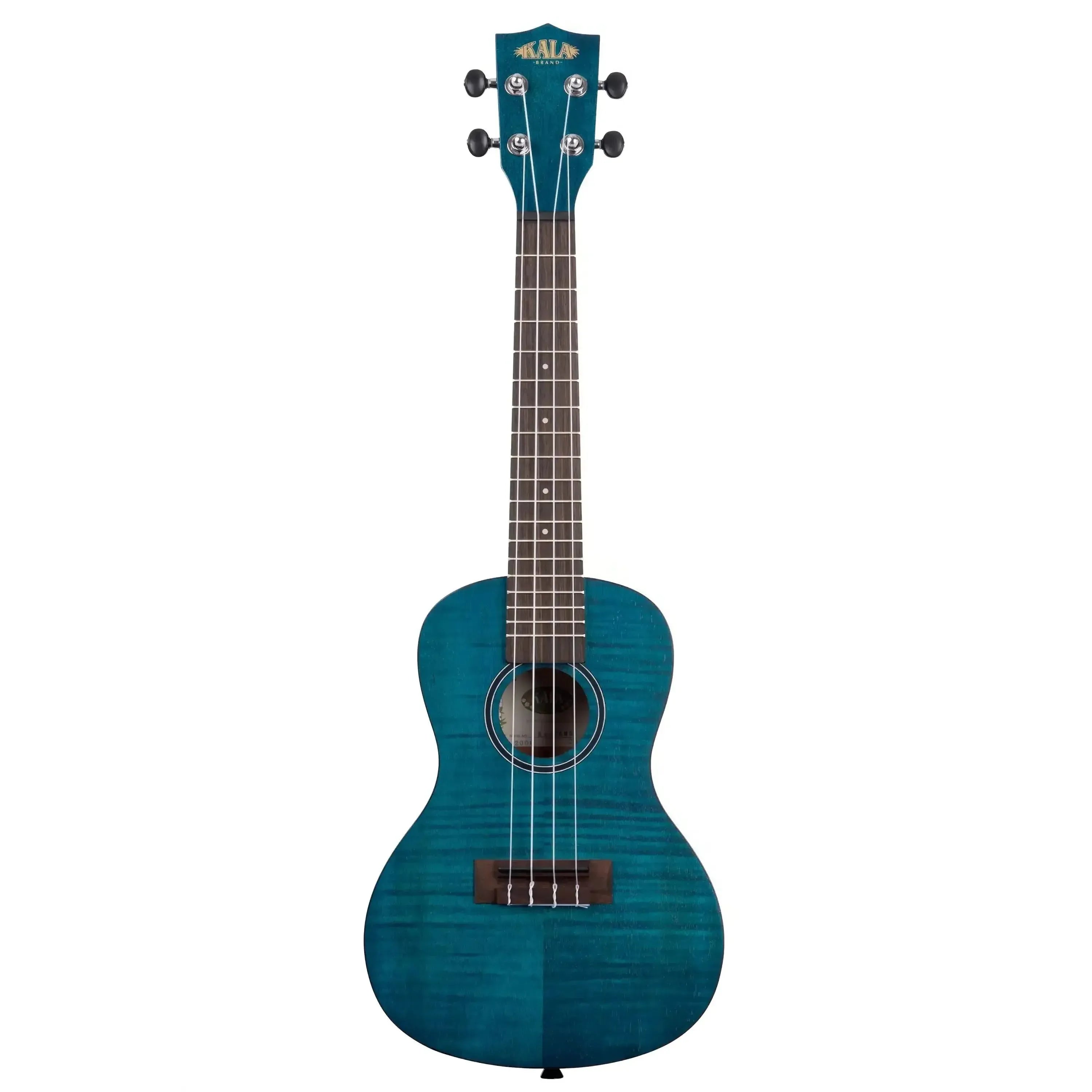 Kala CEMB Blue Exotic Mahogany Concert Ukulele with black binding and rosewood fretboard.