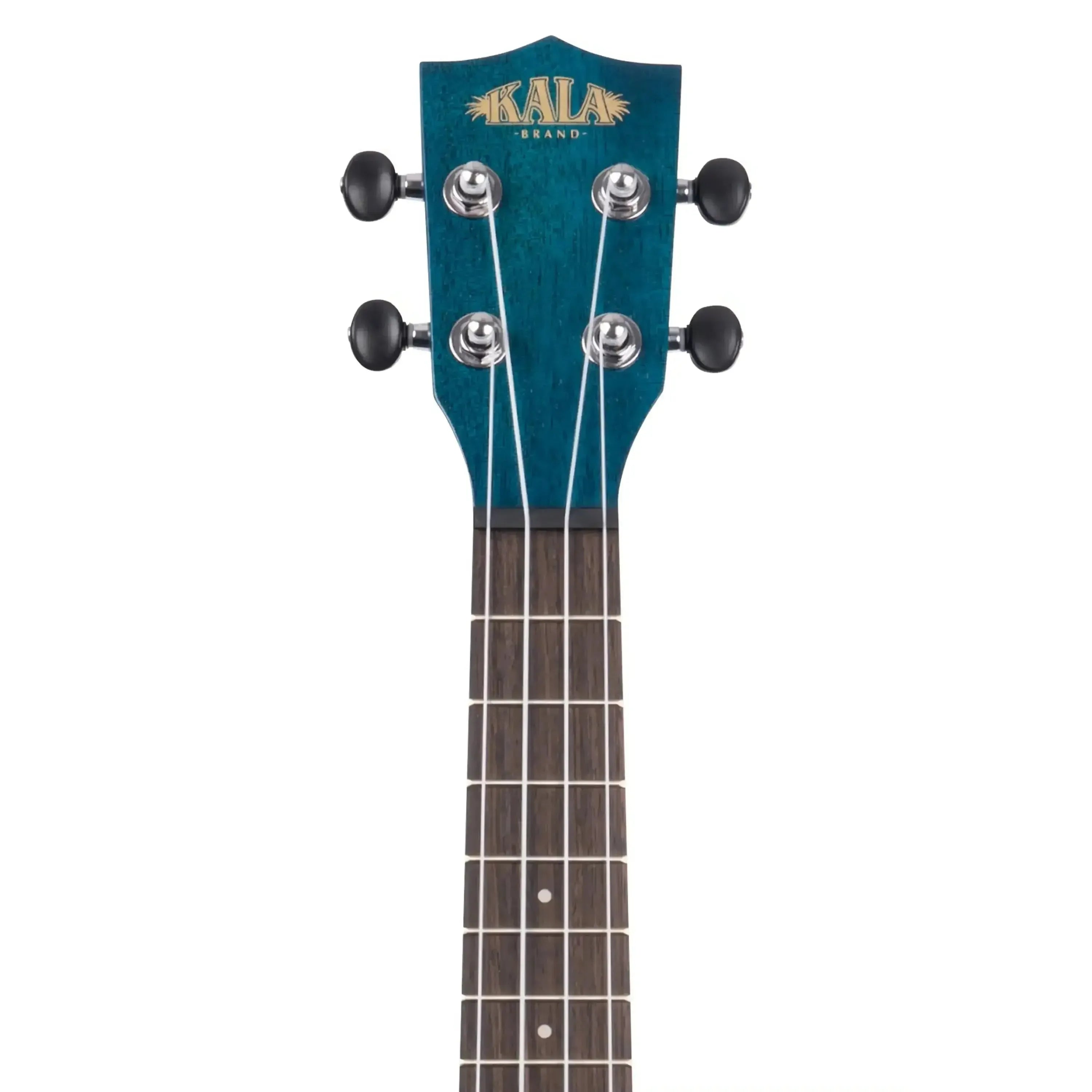 Kala CEMB Blue Concert Ukulele headstock with black tuners and rosewood fretboard.