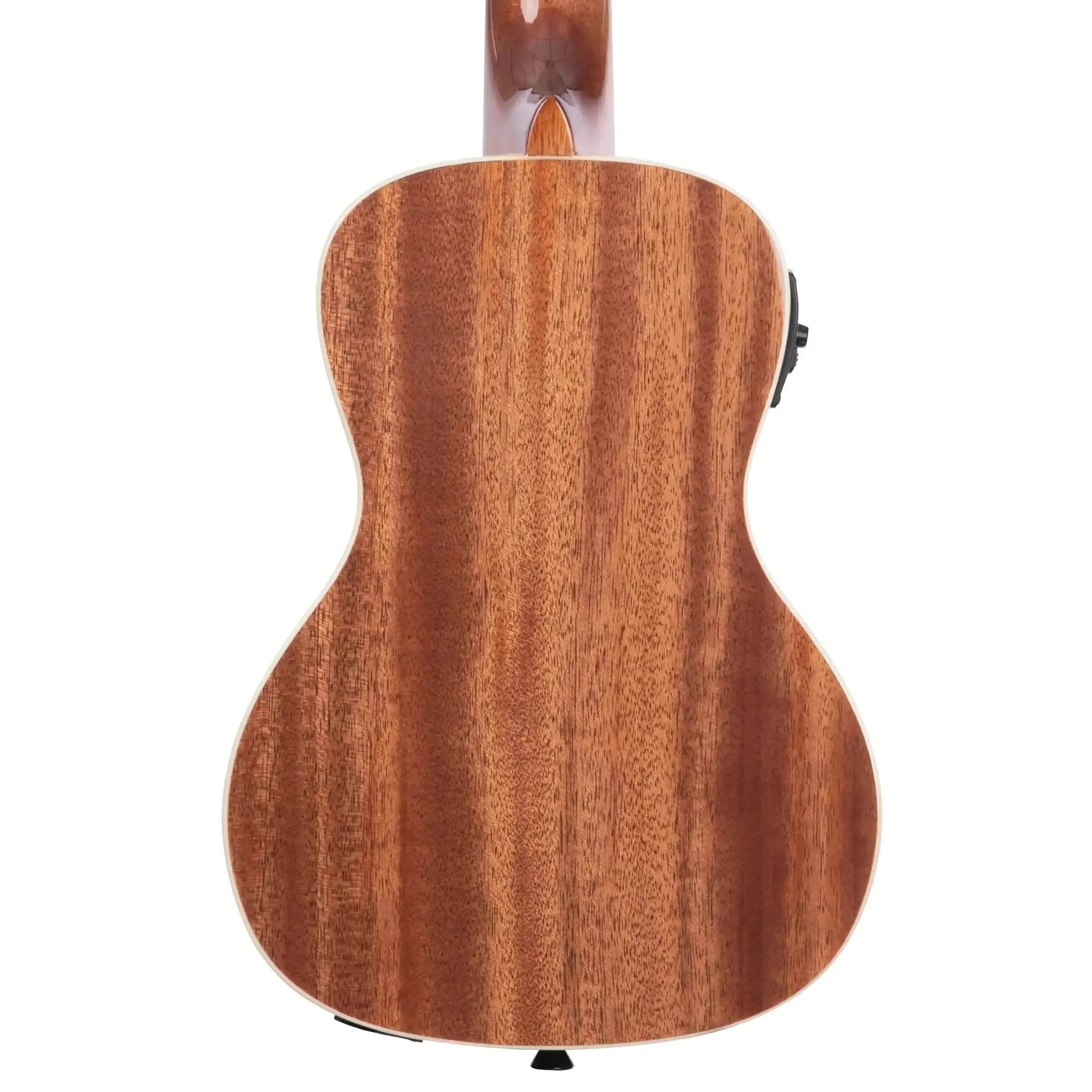 Back of a Kala CGE Gloss Mahogany Concert Ukulele with cream binding and EQ controls.