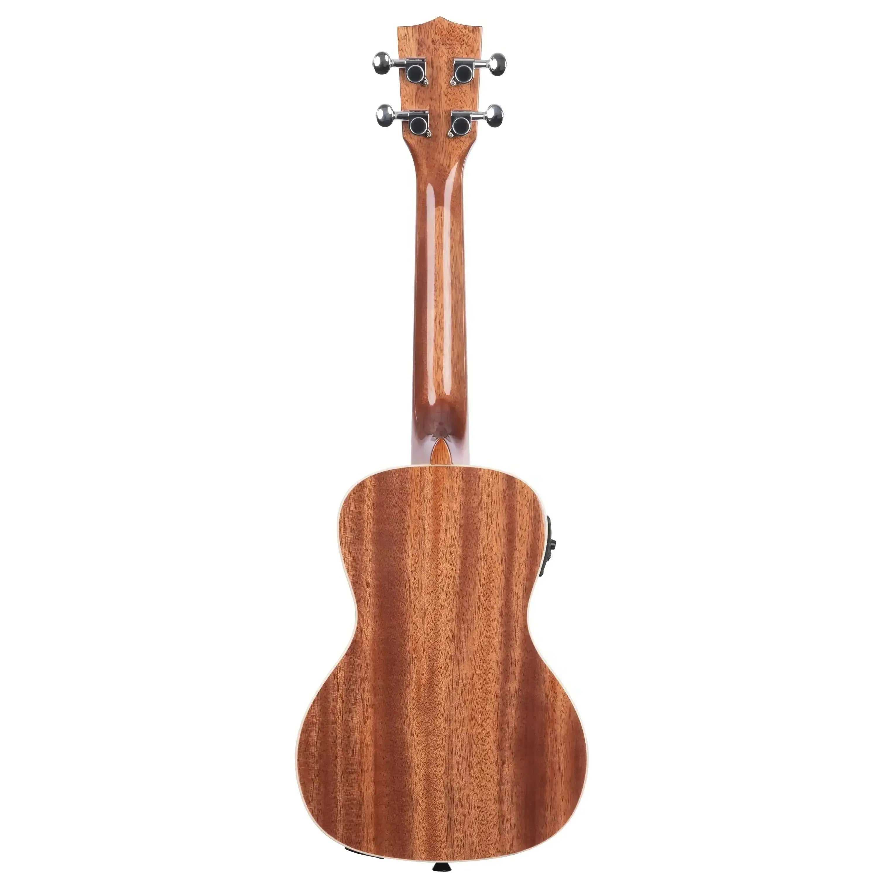 Back of a Kala CGE Gloss Mahogany Concert Ukulele with EQ, showing its warm wood grain and tuning pegs.