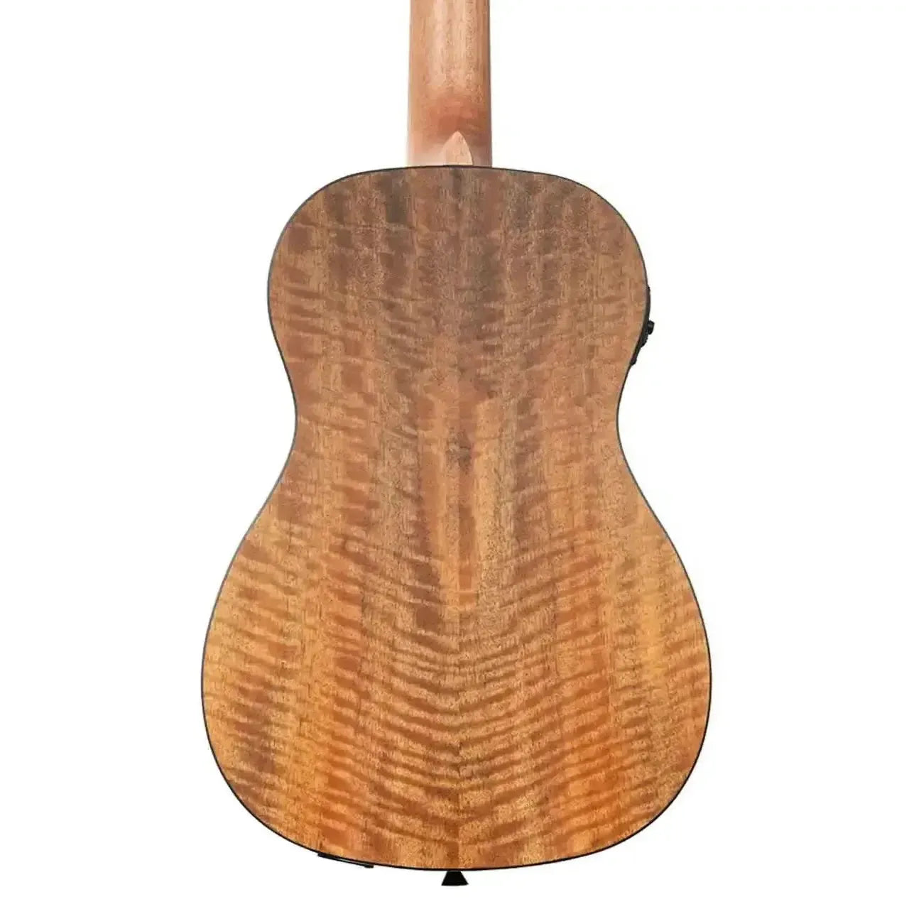 Kala Curly Mango Baritone Ukulele back, showing its wavy wood grain and black binding.