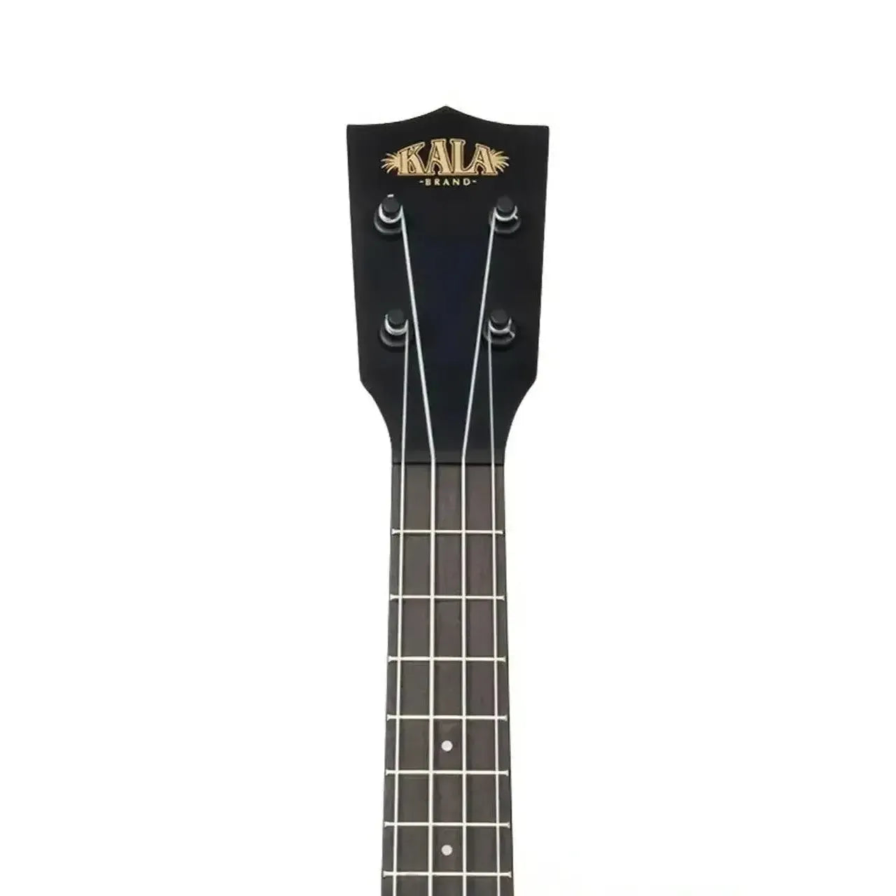Kala ukulele headstock with black finish, gold logo, and four tuning pegs.