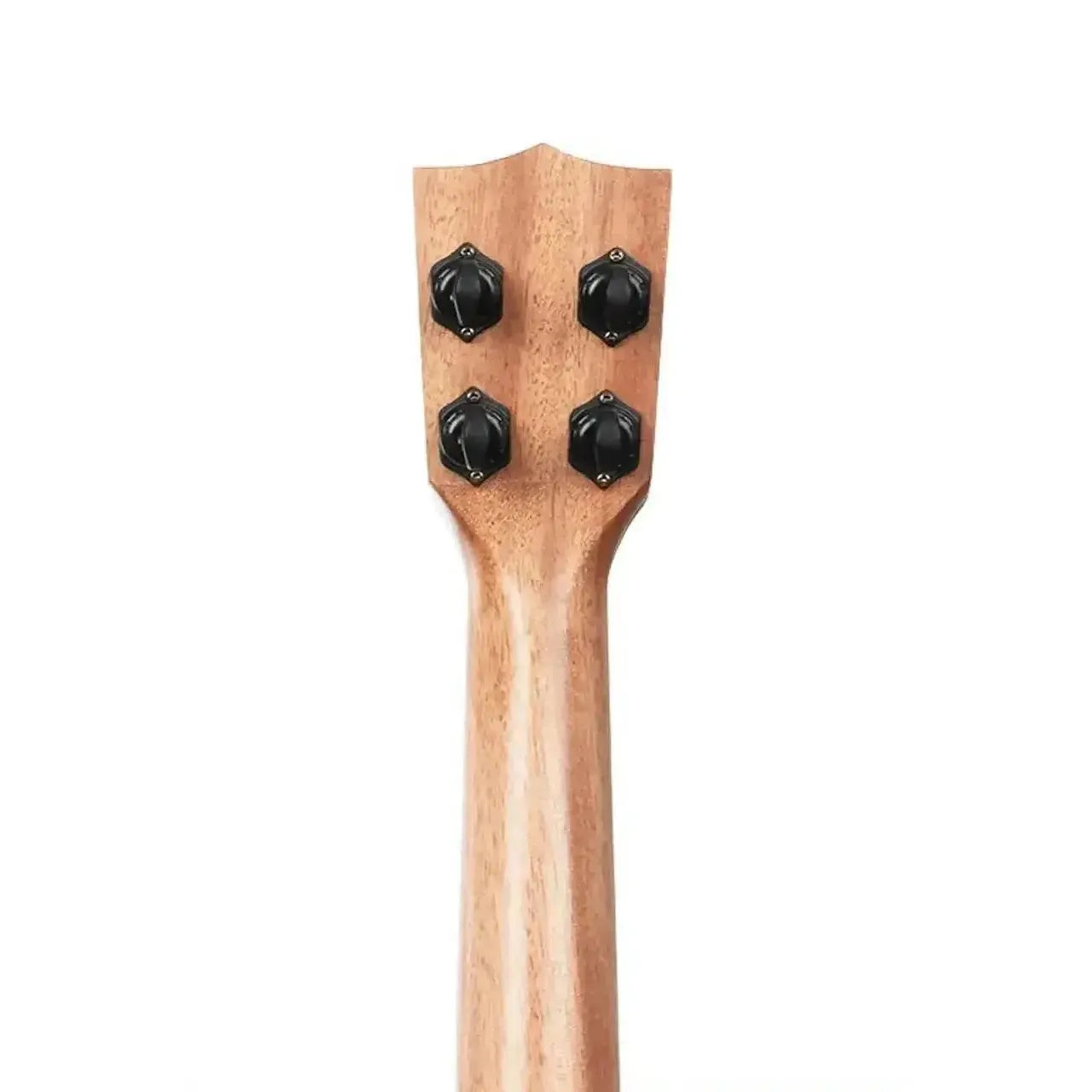 Back of a Kala CM-C Curly Mango Concert Ukulele headstock and mahogany neck with black tuning pegs.