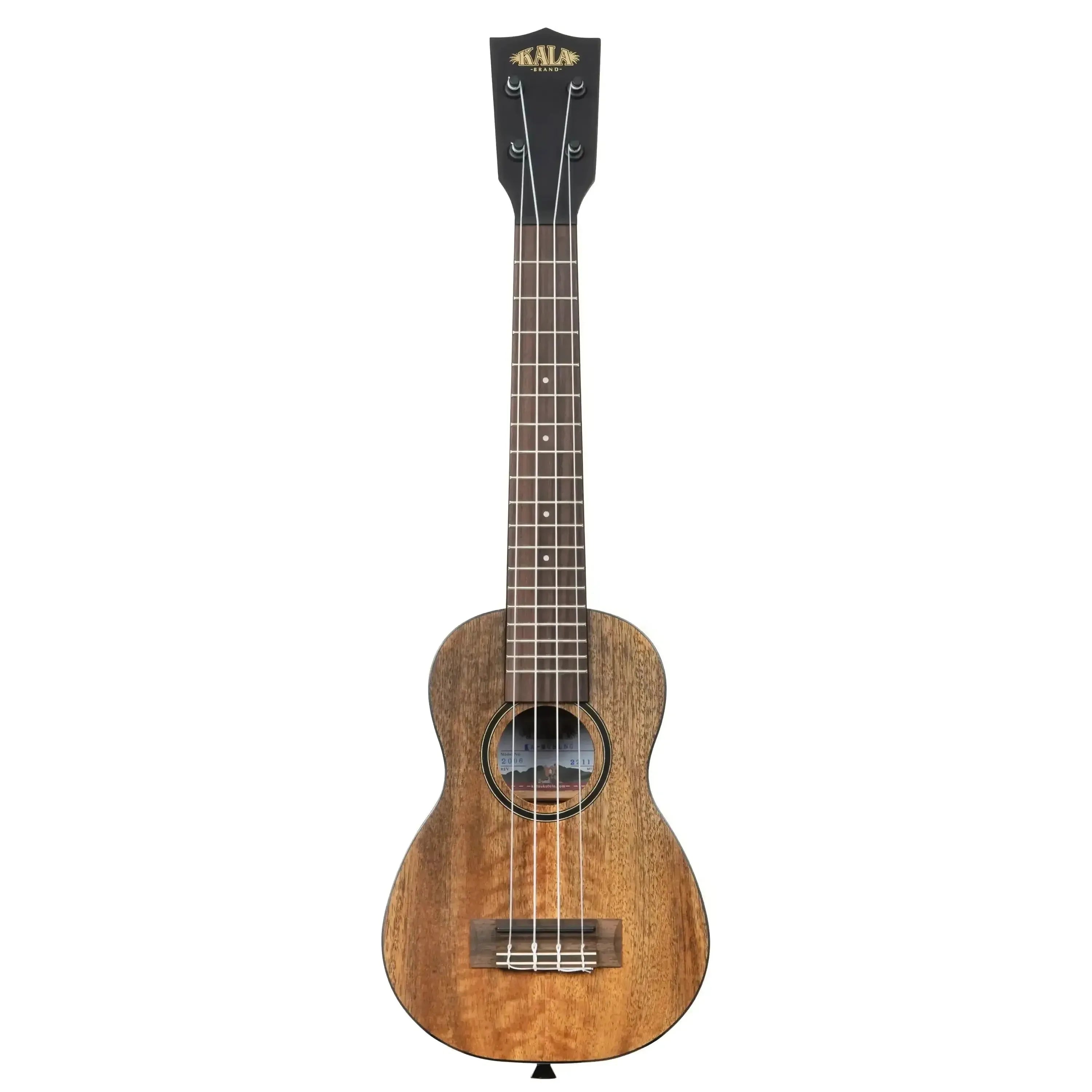 Kala CM-SLN Curly Mango Longneck Soprano Ukulele with a satin finish and black binding.