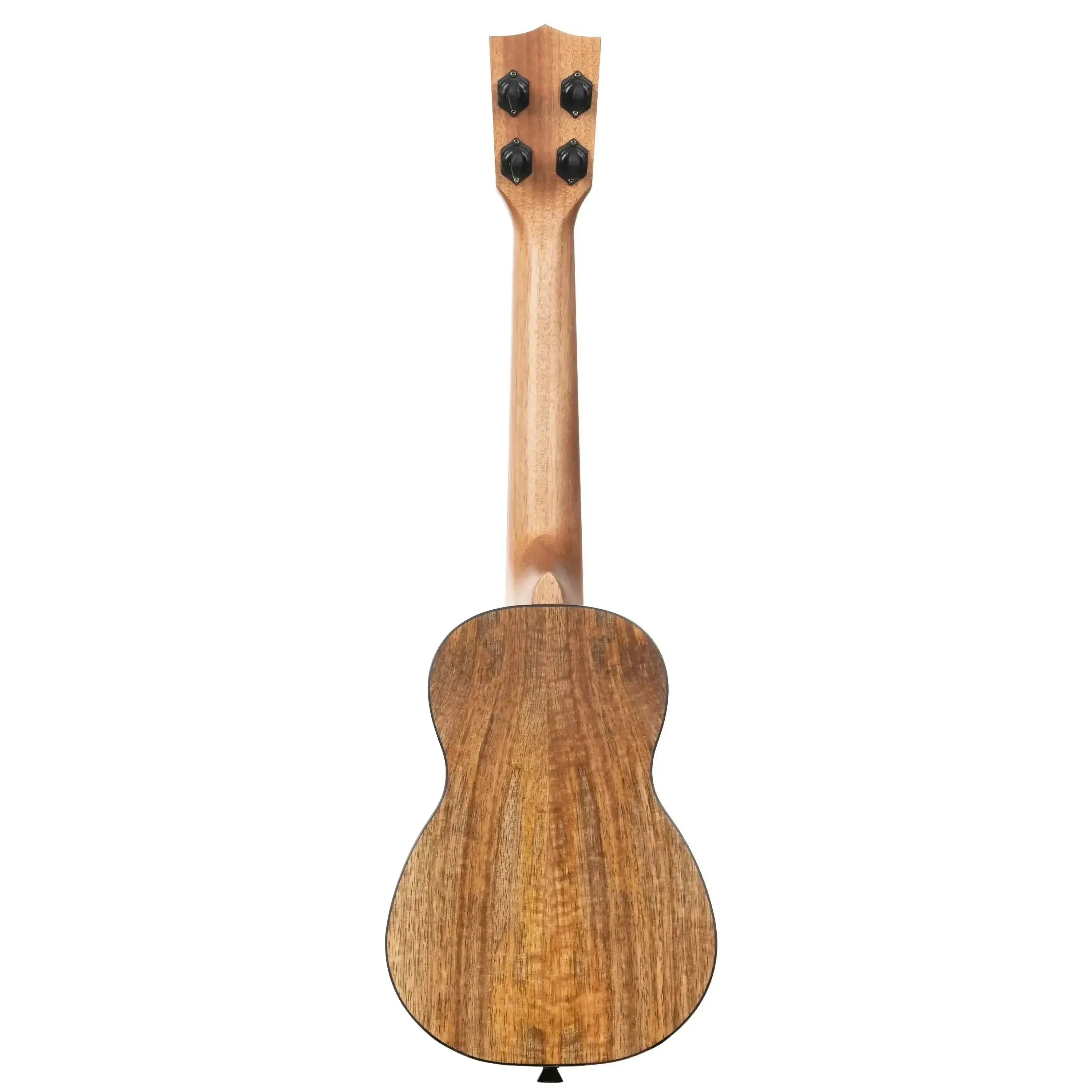 Back of a Kala Curly Mango Longneck Soprano Ukulele with a light brown wood grain finish.