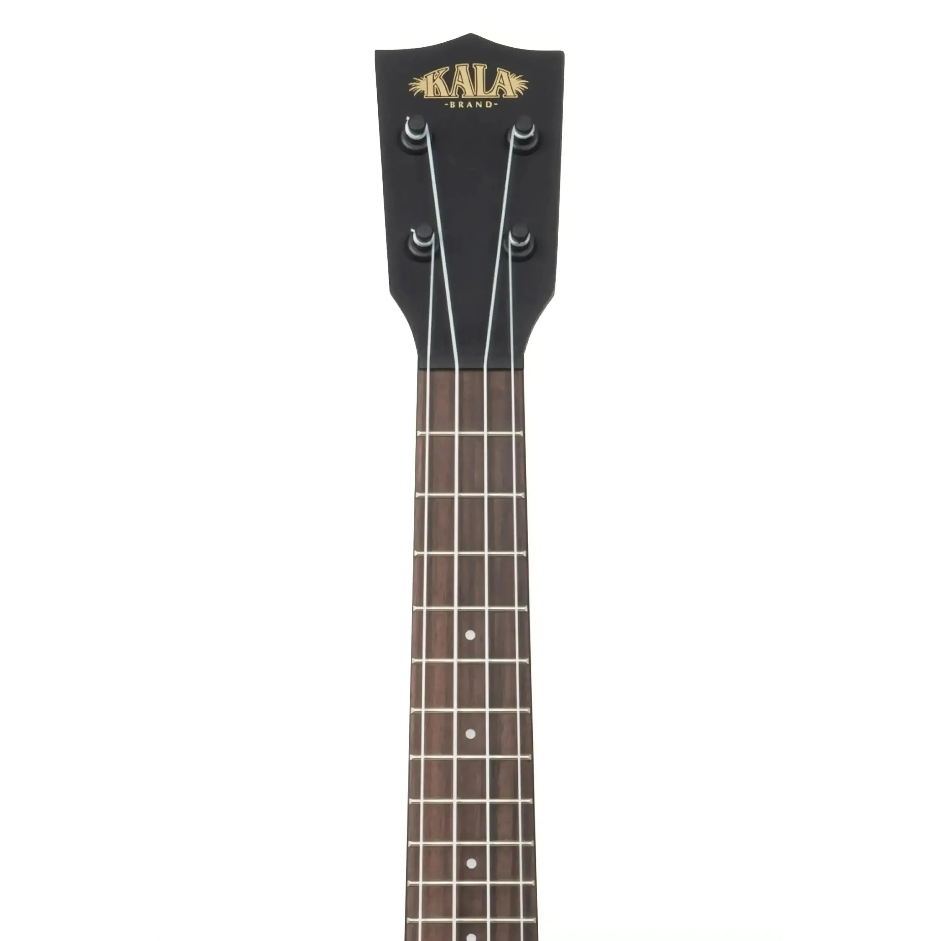 Kala Curly Mango Longneck Soprano Ukulele headstock with black finish, gold logo, and dark fretboard.