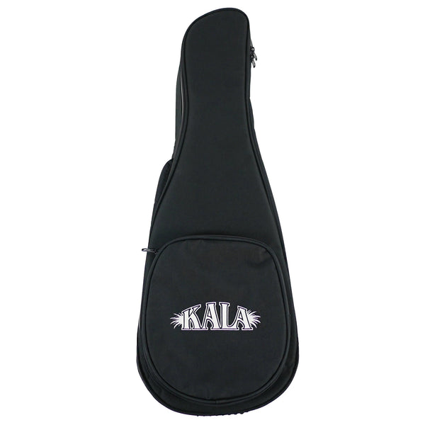 Kala Contour Series Deluxe black baritone ukulele gig bag, front with Kala logo on the zippered pocket.