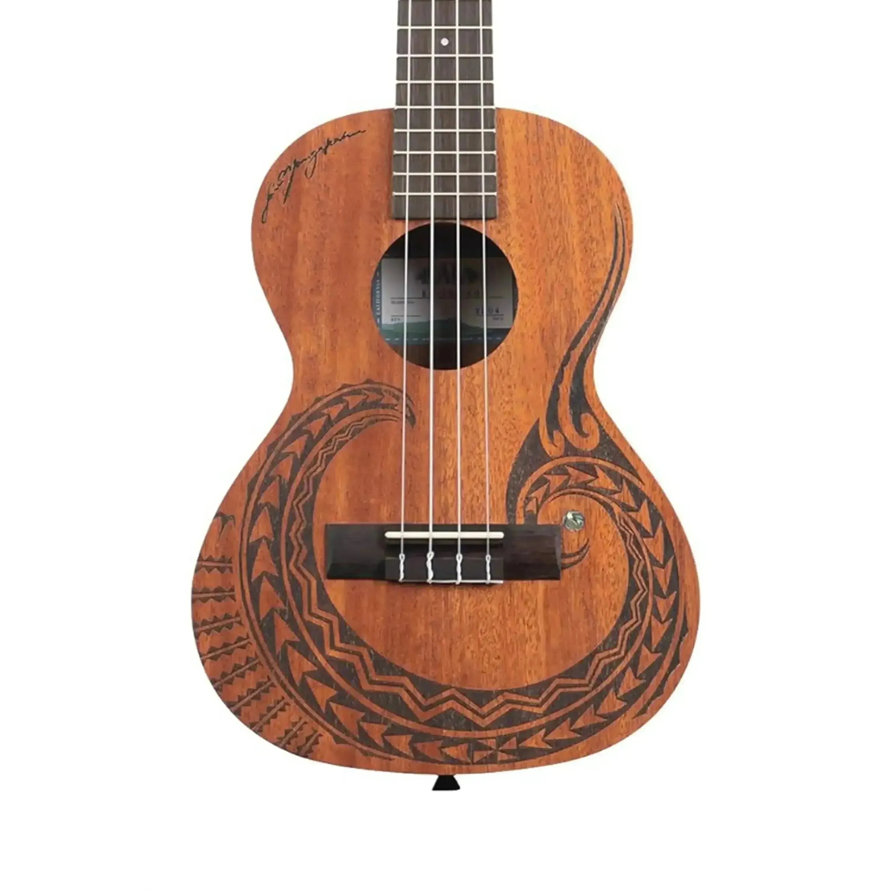 Kala Courage Tenor Ukulele with mahogany body, satin finish, and black tribal design.