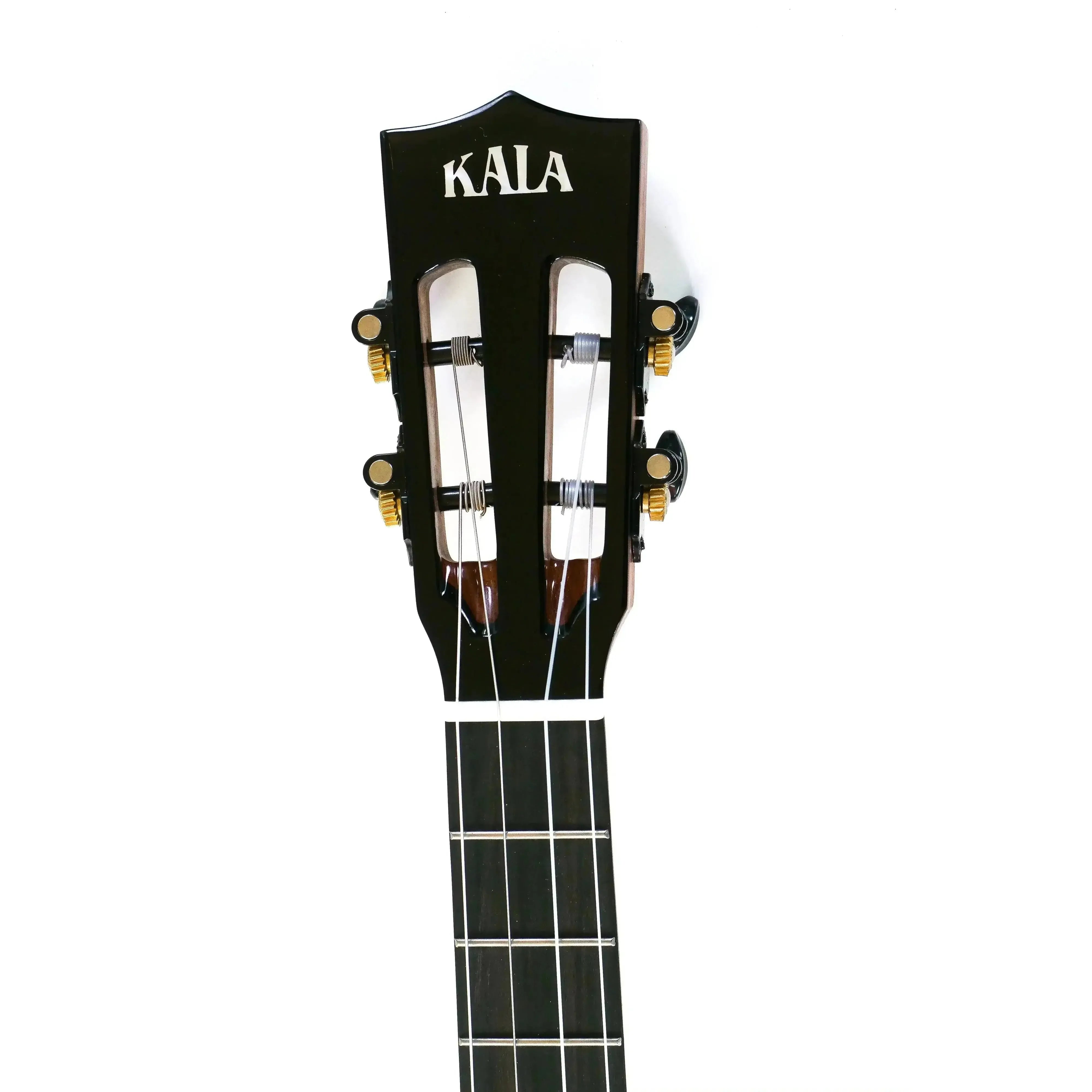 Kala Contour Series Baritone Ukulele headstock with black finish, gold tuners, and white logo.