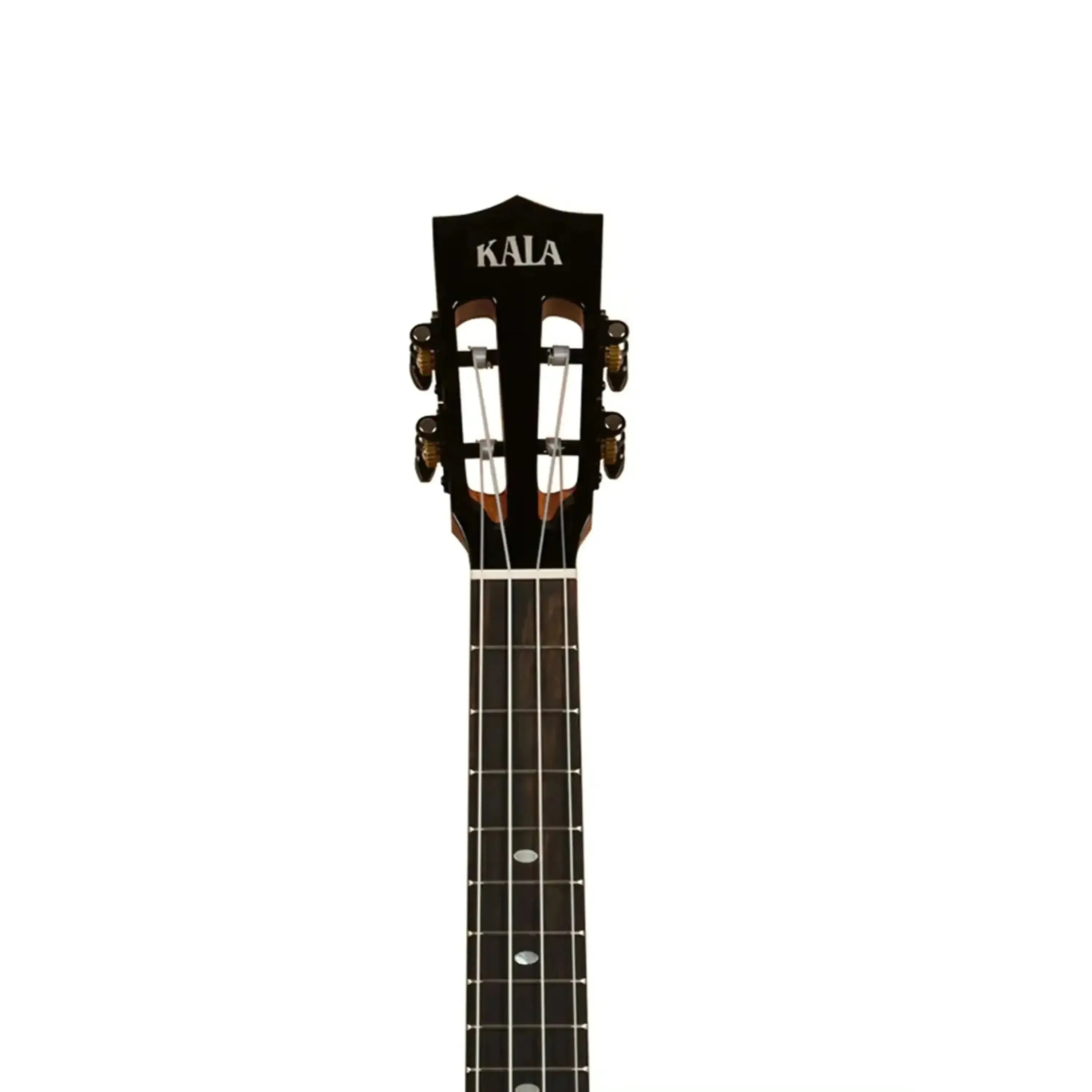 Kala Contour Series Tenor Ukulele headstock with slotted design, gold tuners, and ebony fingerboard.