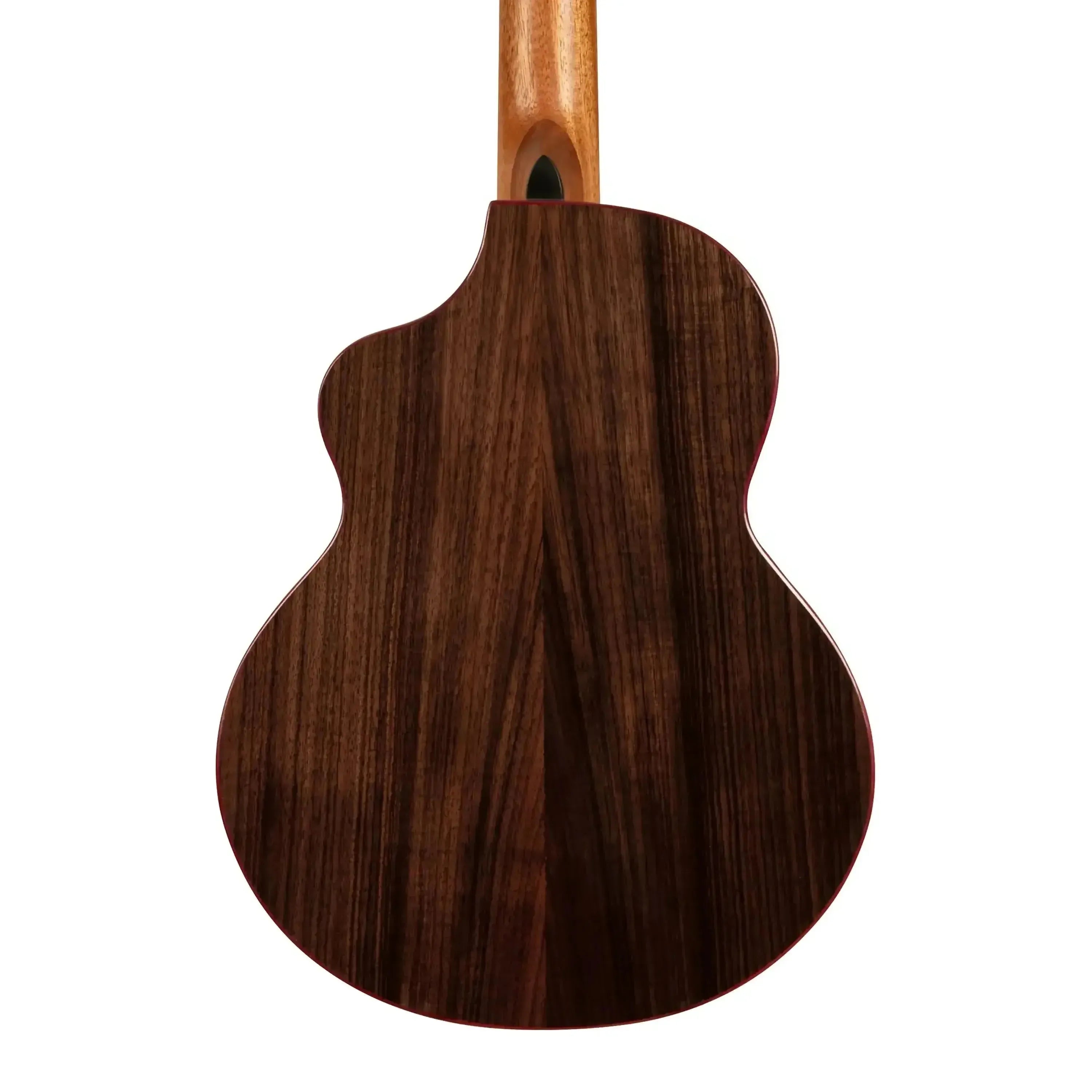 Back of a Kala Baritone Ukulele with solid rosewood, mahogany neck, and purpleheart binding.