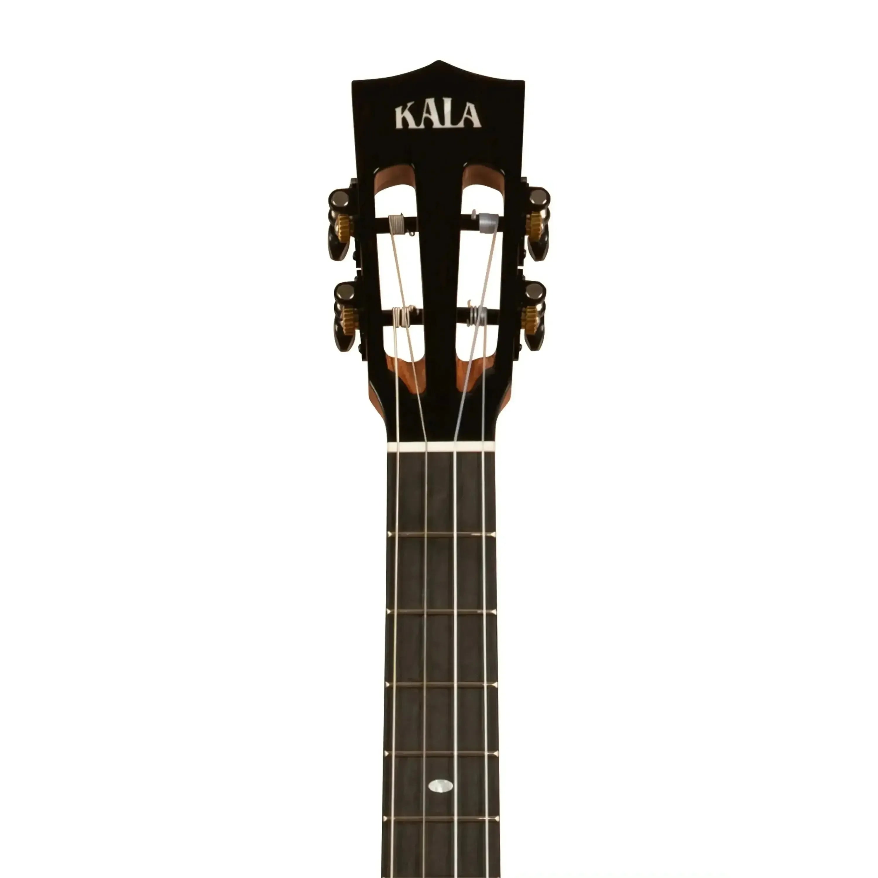 Kala Baritone Ukulele headstock with slotted design, black finish, gold tuners, and ebony fingerboard.