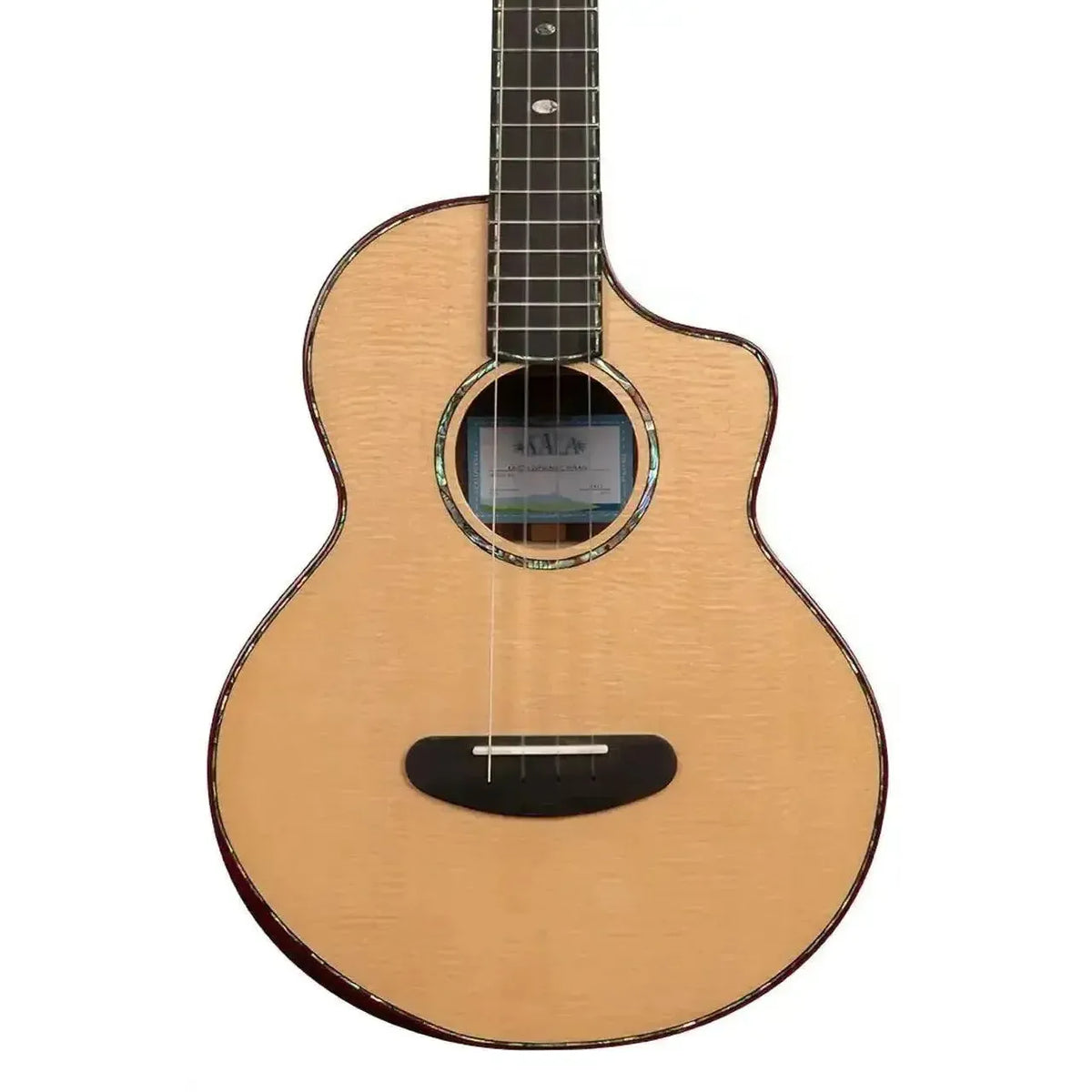 Kala Contour Deluxe Baritone Ukulele with solid spruce top, abalone rosette, and purpleheart binding.