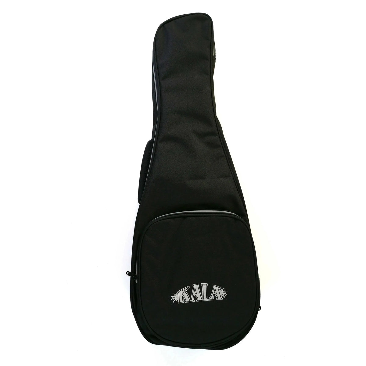Black Kala Contour Series Gig Bag for Baritone Ukulele, with front pocket and silver logo.