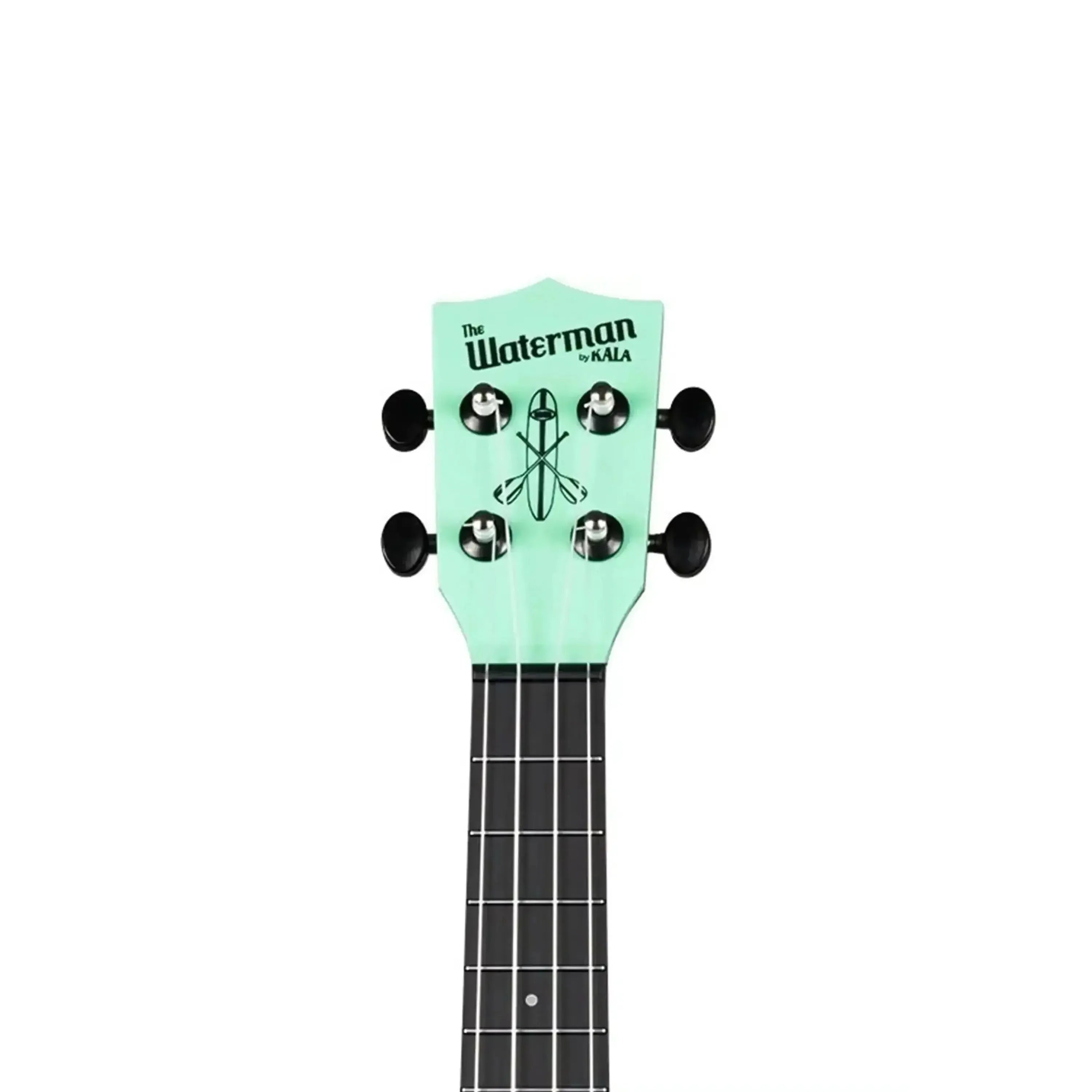 Kala Waterman Sea Foam Green Concert Ukulele headstock with black tuning pegs and "The Waterman by KALA" logo.