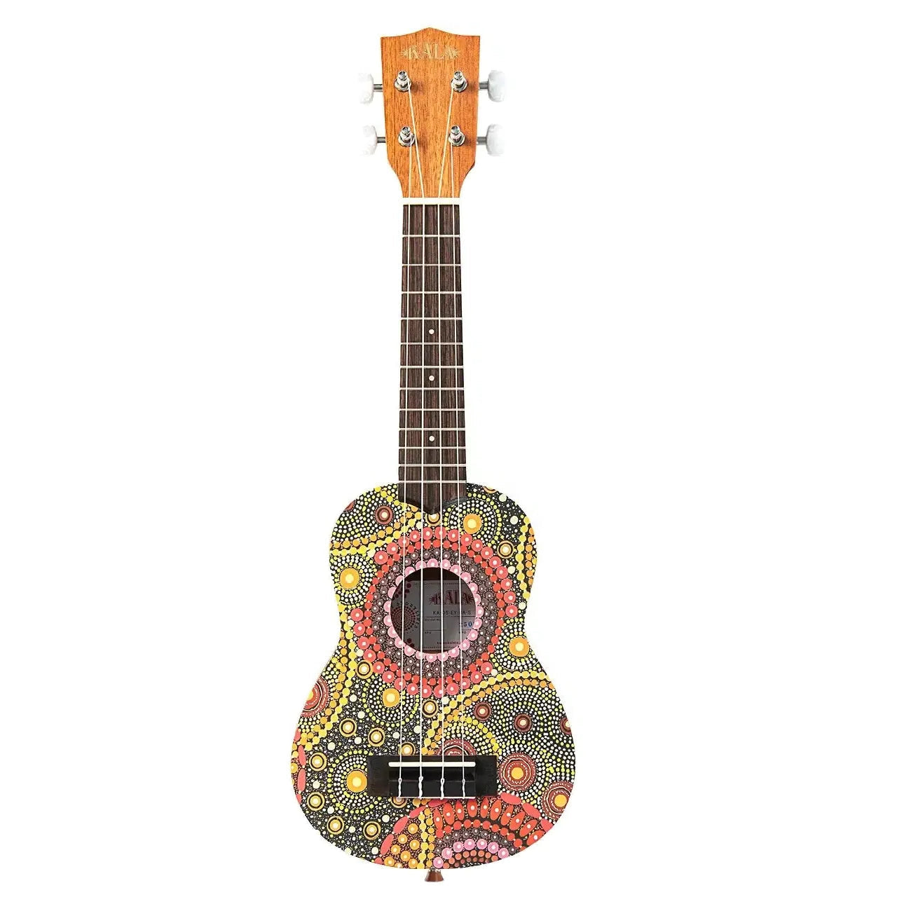 Kala Evelyn Young Desert Storylines soprano ukulele with colorful dot art design.