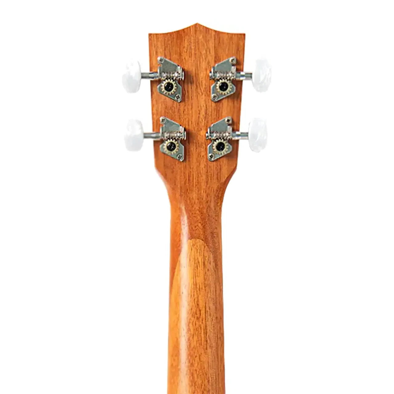Kala Evelyn Young Desert Storylines Soprano Ukulele headstock and mahogany neck with white tuners.