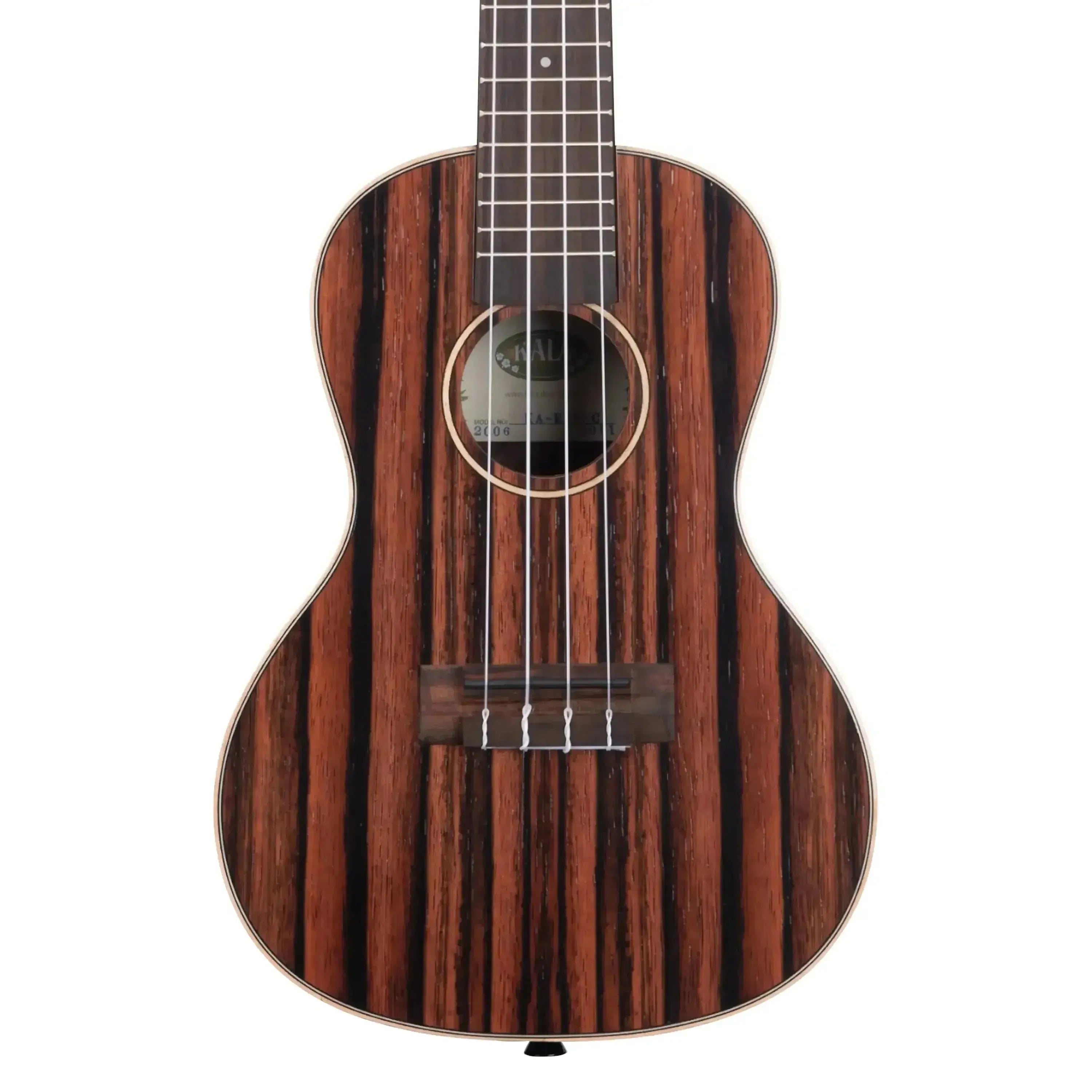 Kala Striped Ebony Concert Ukulele with dark and light wood grain, satin finish, and maple binding.