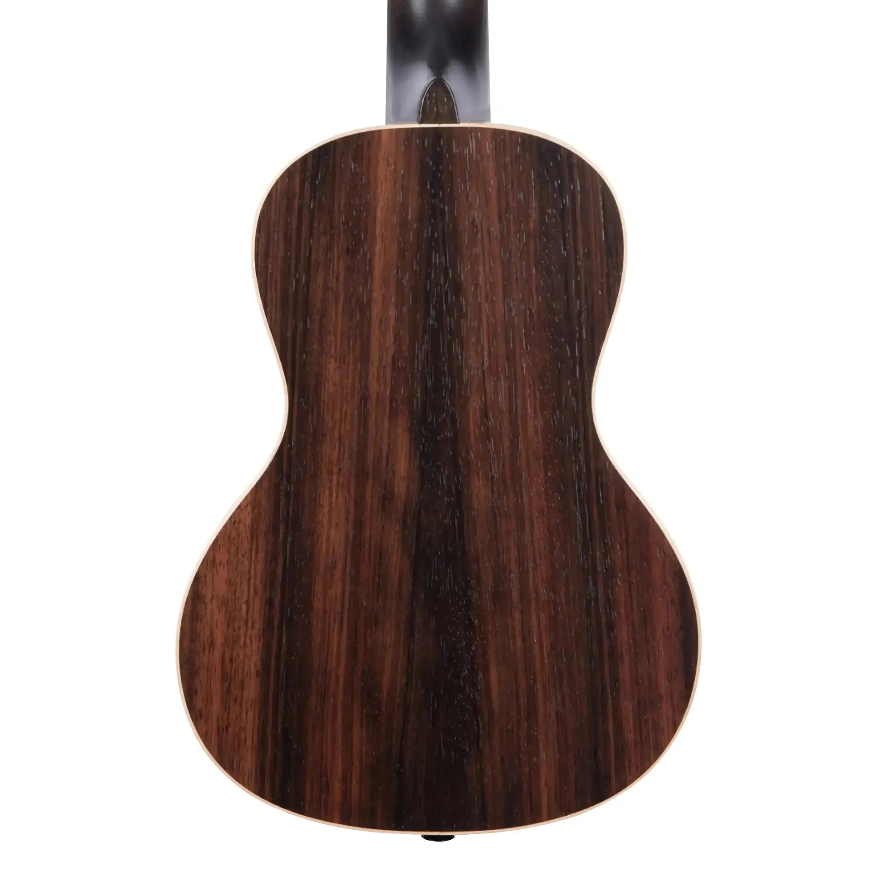 Back of a Kala Striped Ebony Concert Ukulele, showing dark brown wood grain and light maple binding.