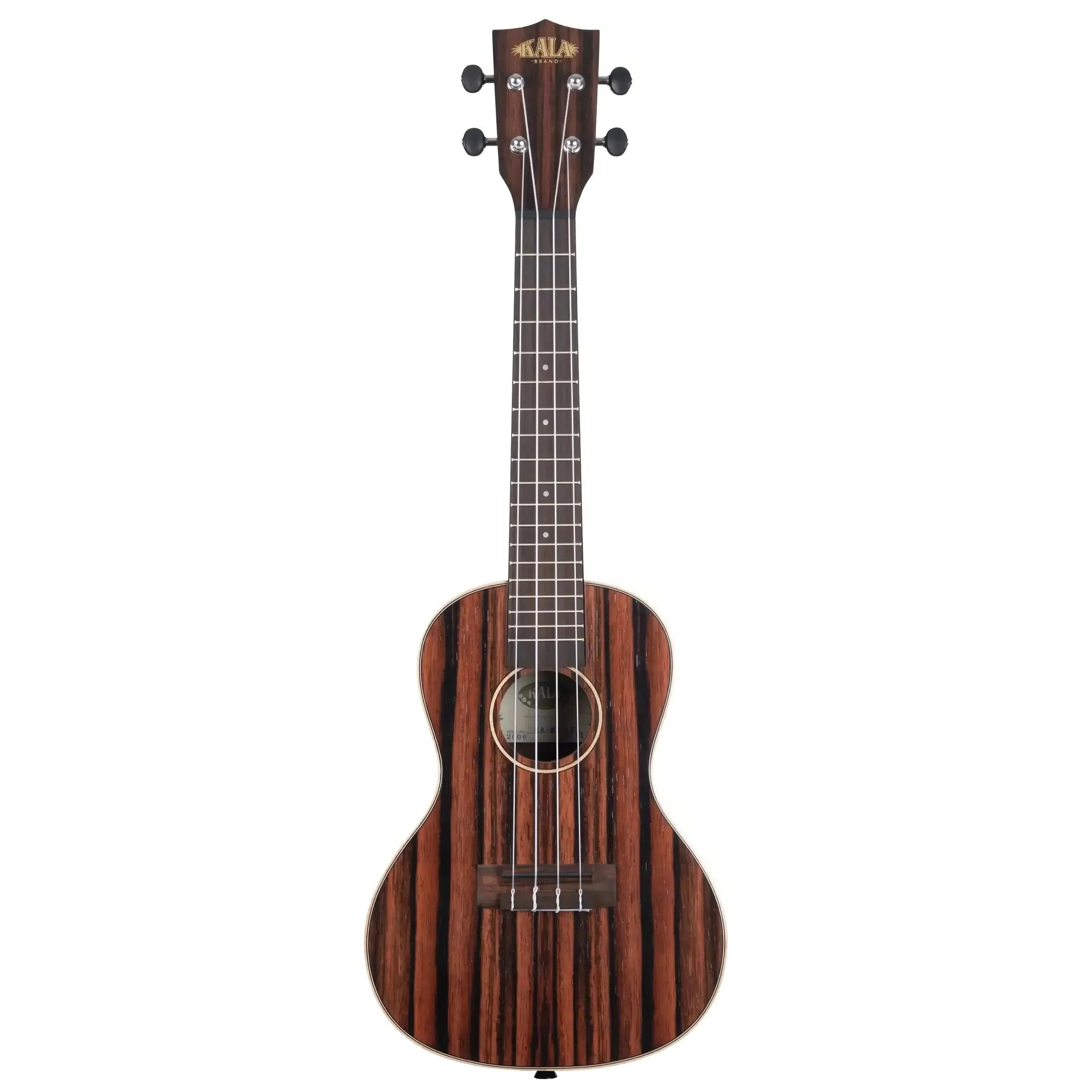Kala EBY-C Striped Ebony Concert Ukulele with dark and light wood grain, satin finish, and rosewood fretboard.