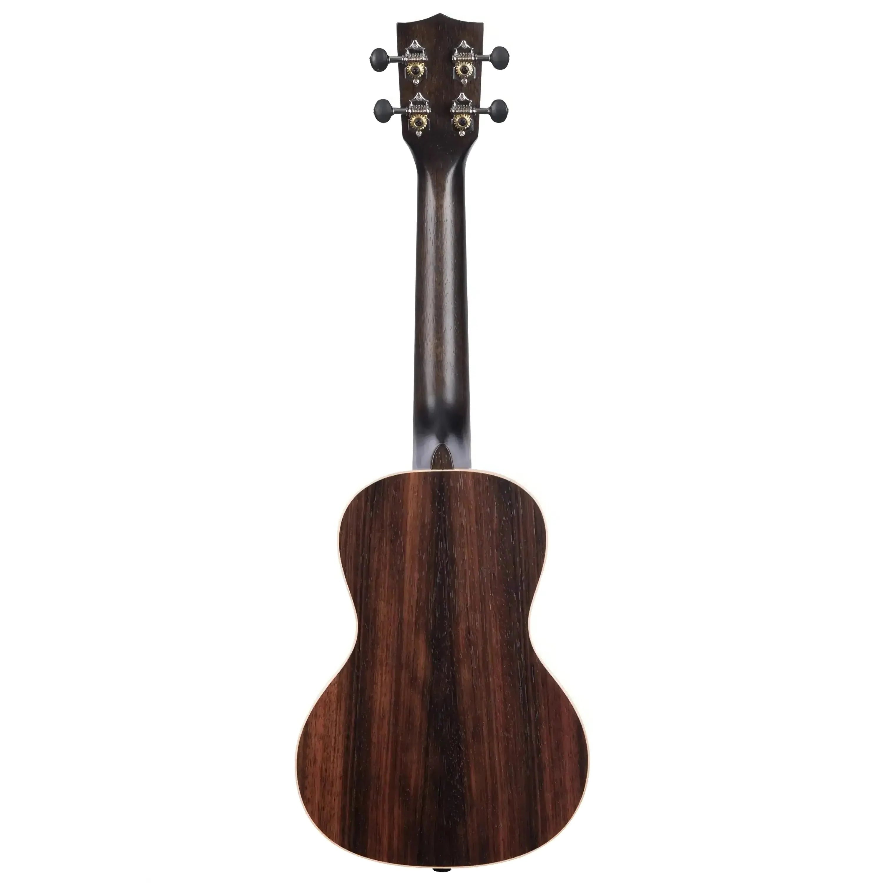 Kala Striped Ebony Concert Ukulele, back view, showcasing dark and light wood grain with satin finish.