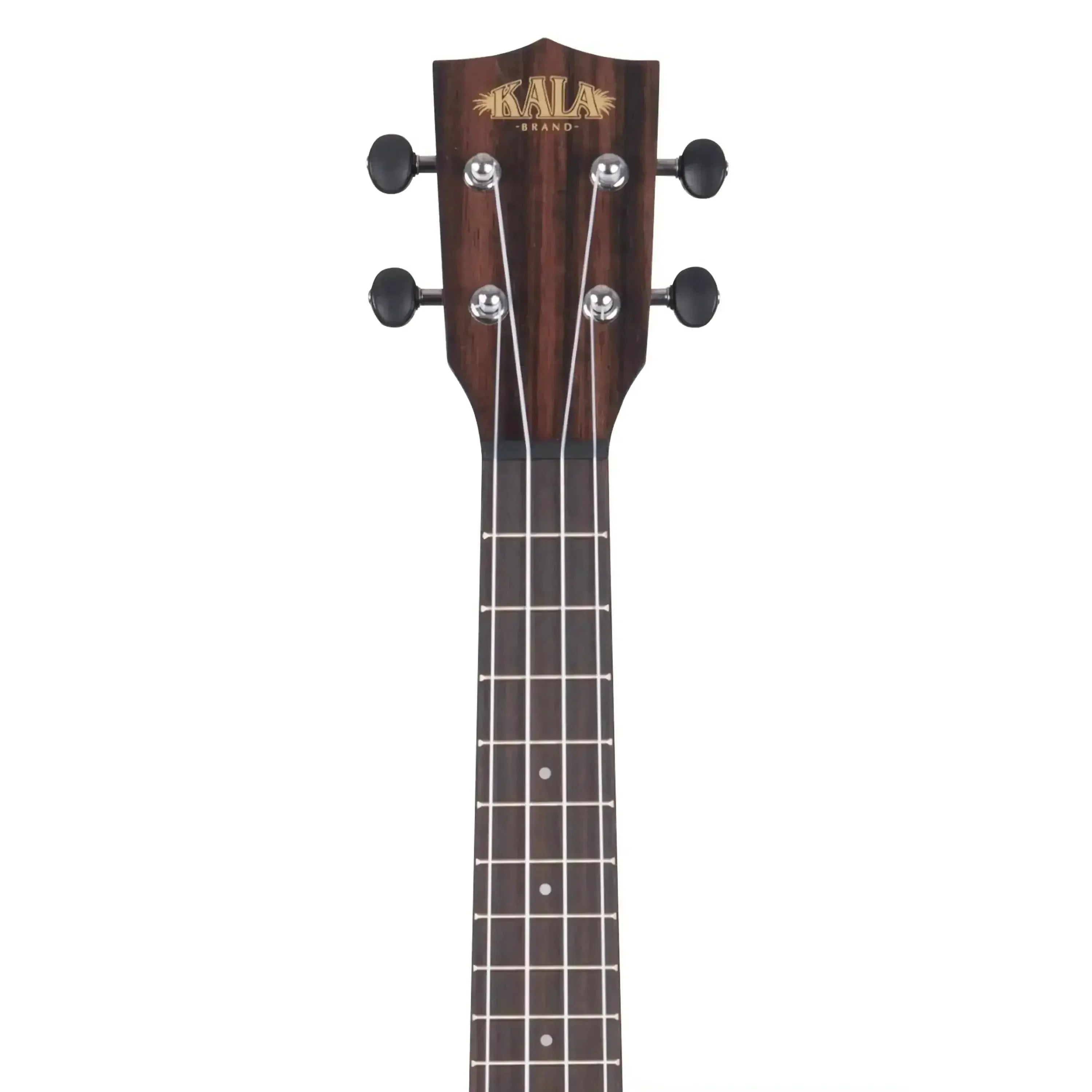 Kala Striped Ebony Concert Ukulele headstock with dark wood grain, gold logo, and black tuning pegs.