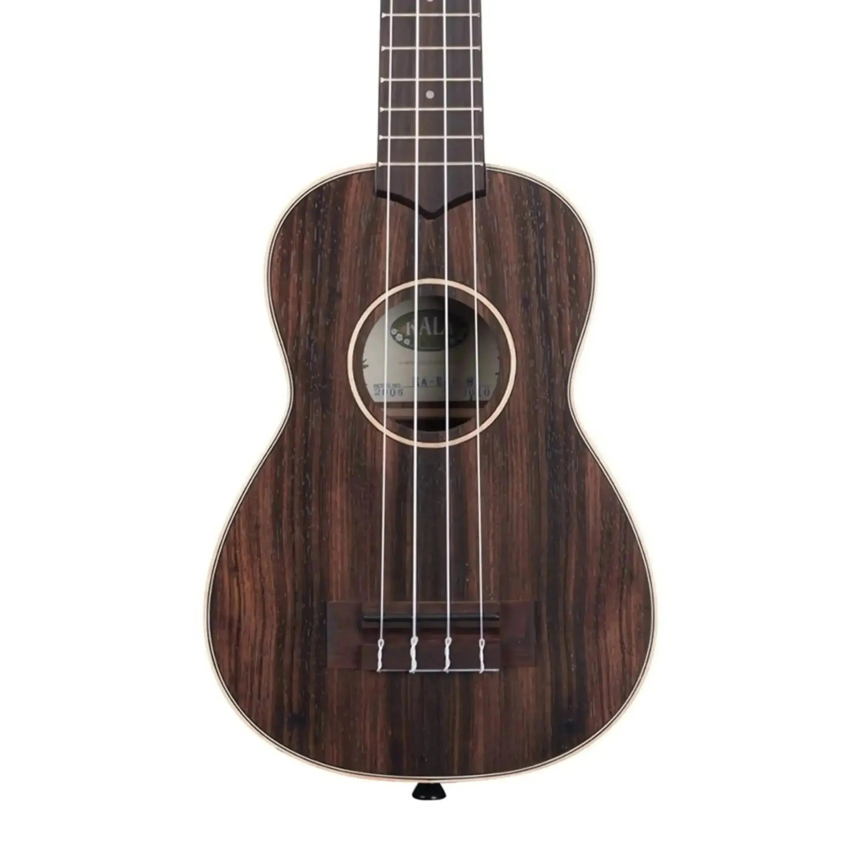 Kala EBY-S Striped Ebony Soprano Ukulele with dark wood grain and light binding.
