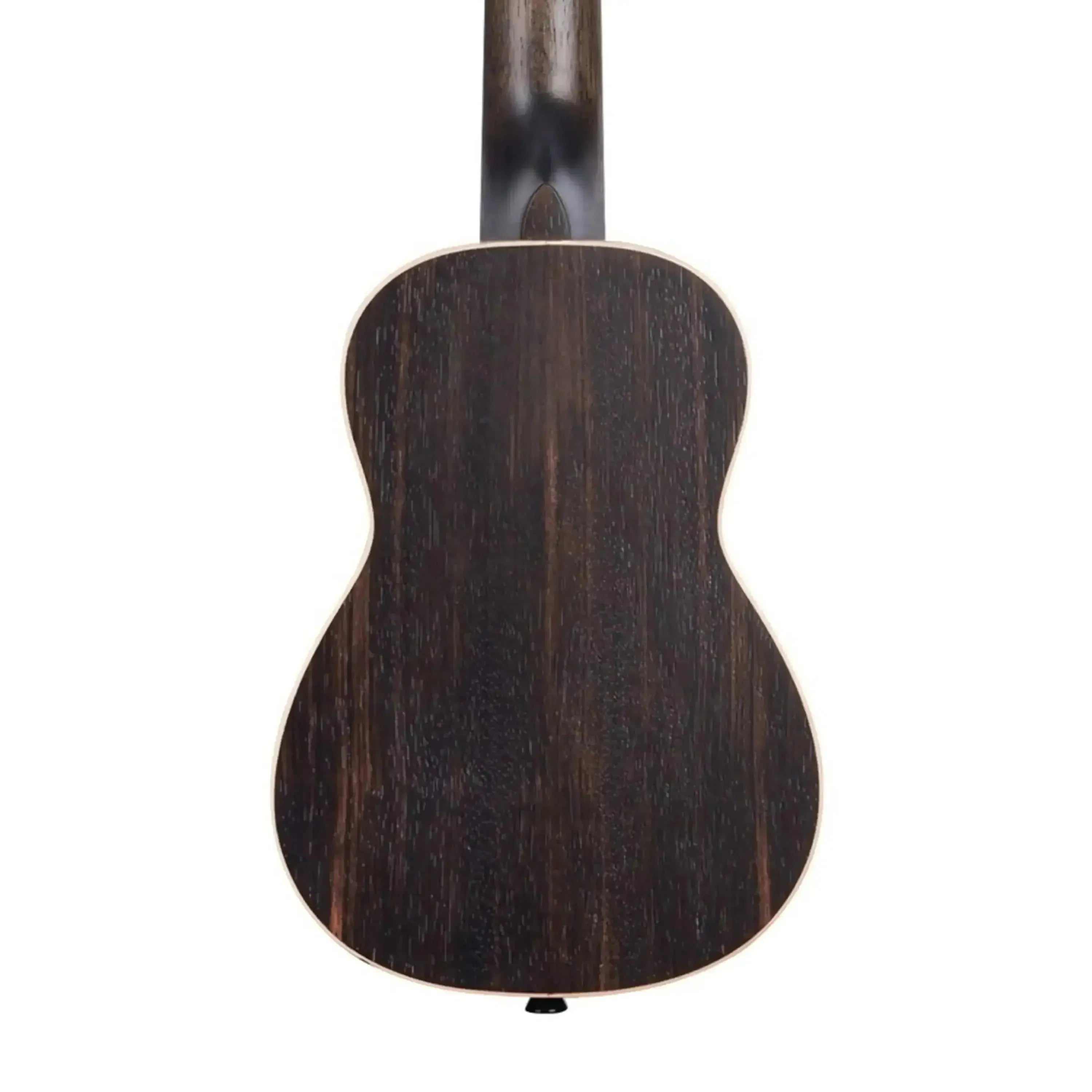 Kala EBY-S Striped Ebony Soprano Ukulele, back view, dark wood grain with light binding.