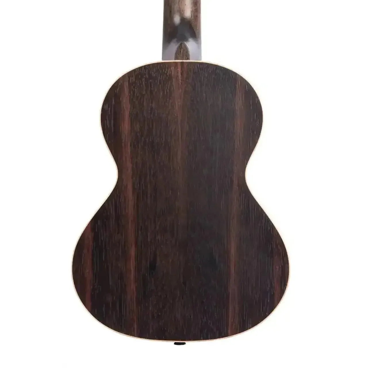 Kala Striped Ebony Tenor Ukulele, back view, showing dark wood grain and light maple binding.
