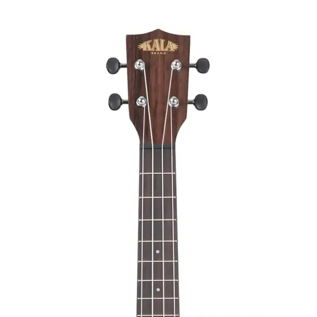 Kala Striped Ebony Tenor Ukulele headstock with dark wood, silver tuners, and white fret markers.